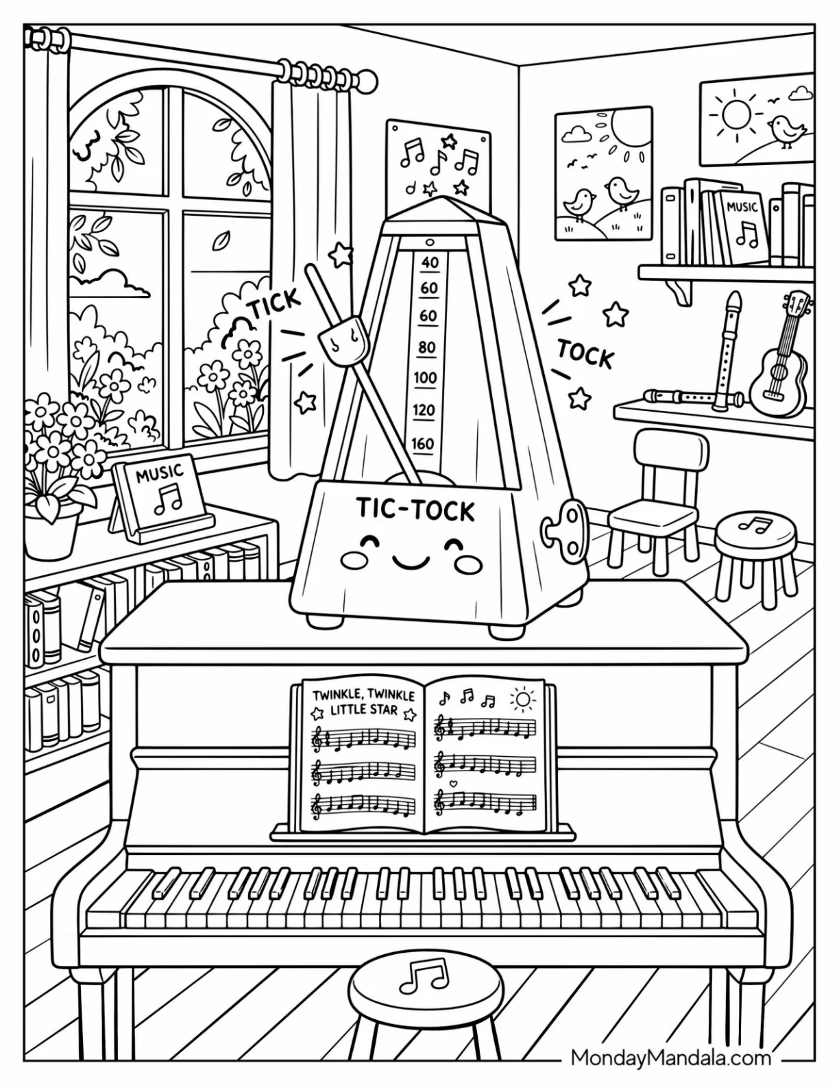 Music Room with Piano, Metronome, Guitar, and Musical Notes Coloring Page coloring page — printable line art