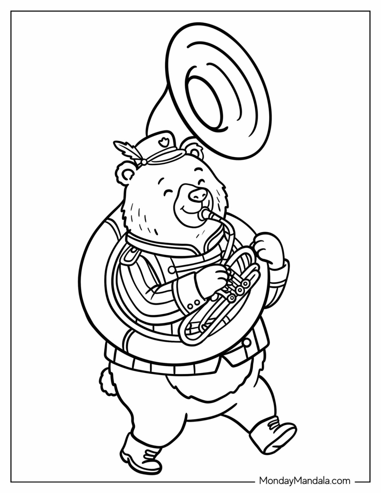 Musical Bear Playing the Sousaphone Coloring Page for Kids coloring page — printable line art