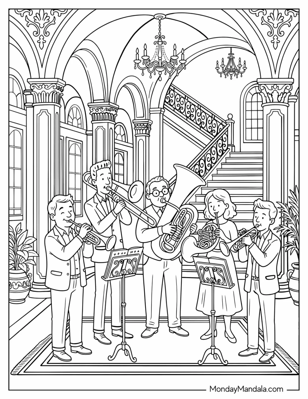 Musicians Playing in a Grand Palace Coloring Page coloring page — printable line art