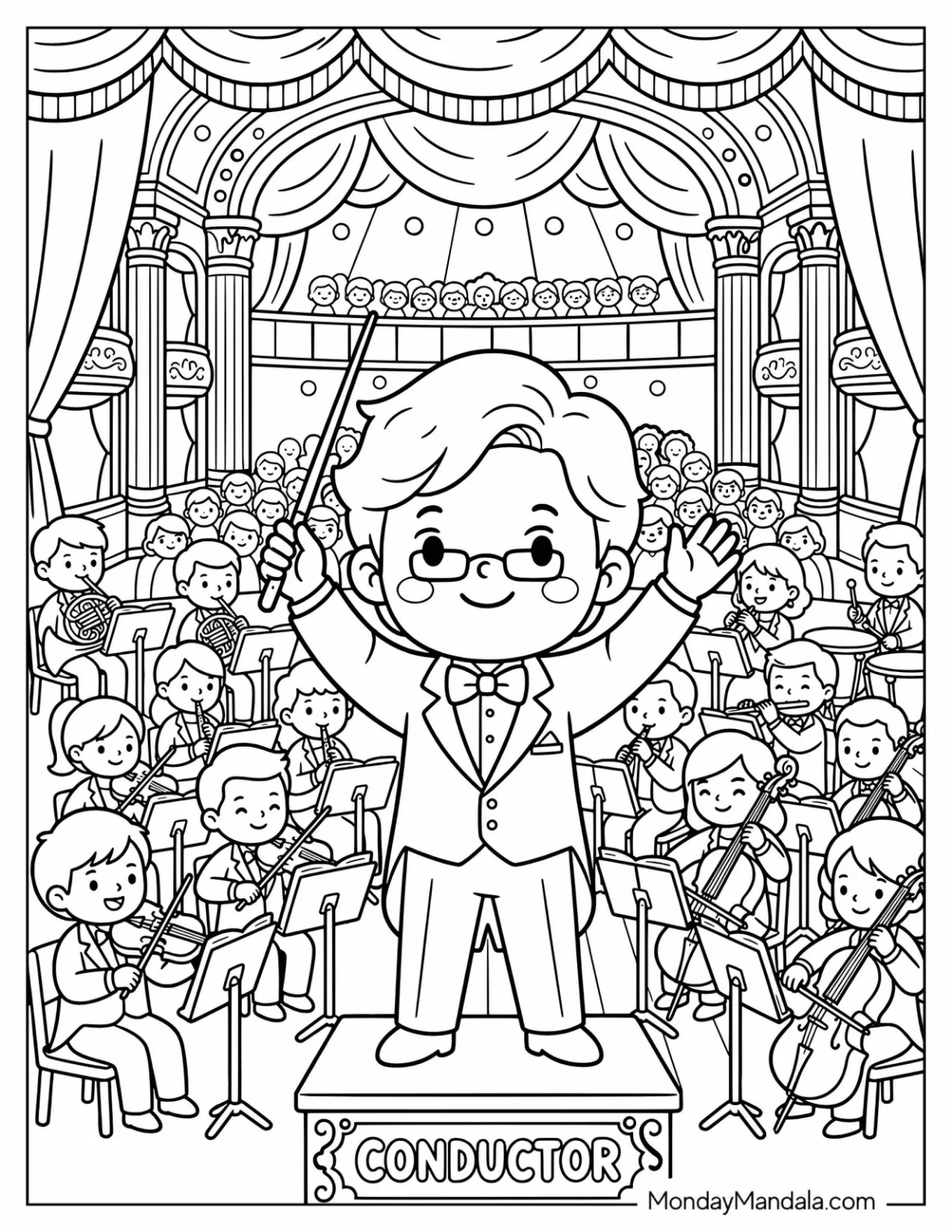 Orchestra Conductor Leading a Symphony Performance Coloring Page coloring page — printable line art