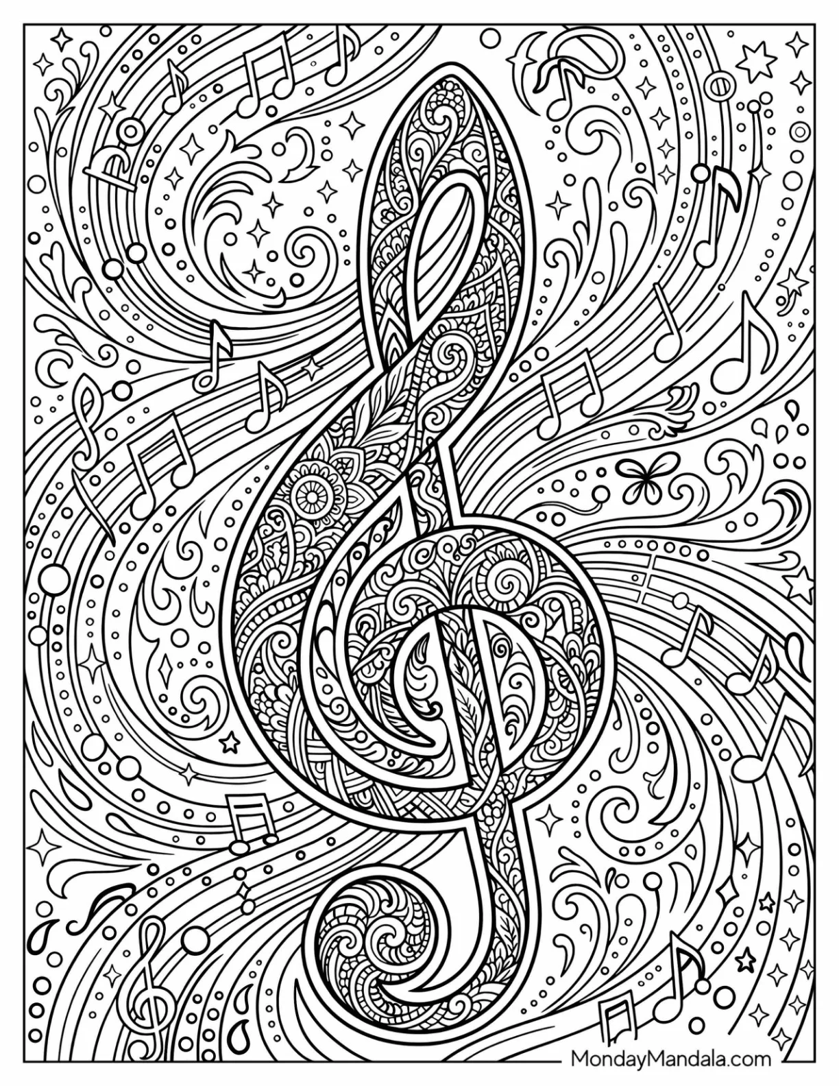 Ornate Musical Treble Clef with Musical Notes and Swirling Patterns Coloring Page coloring page