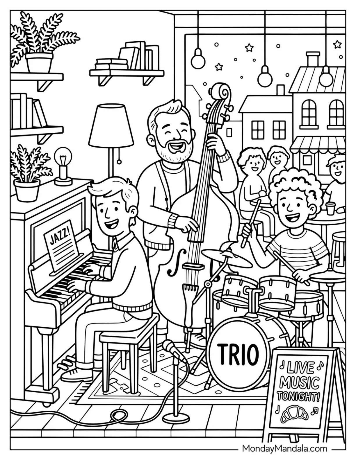 Pianist, Cellist, and Drummer Making Music in a Restaurant Coloring Sheet coloring page
