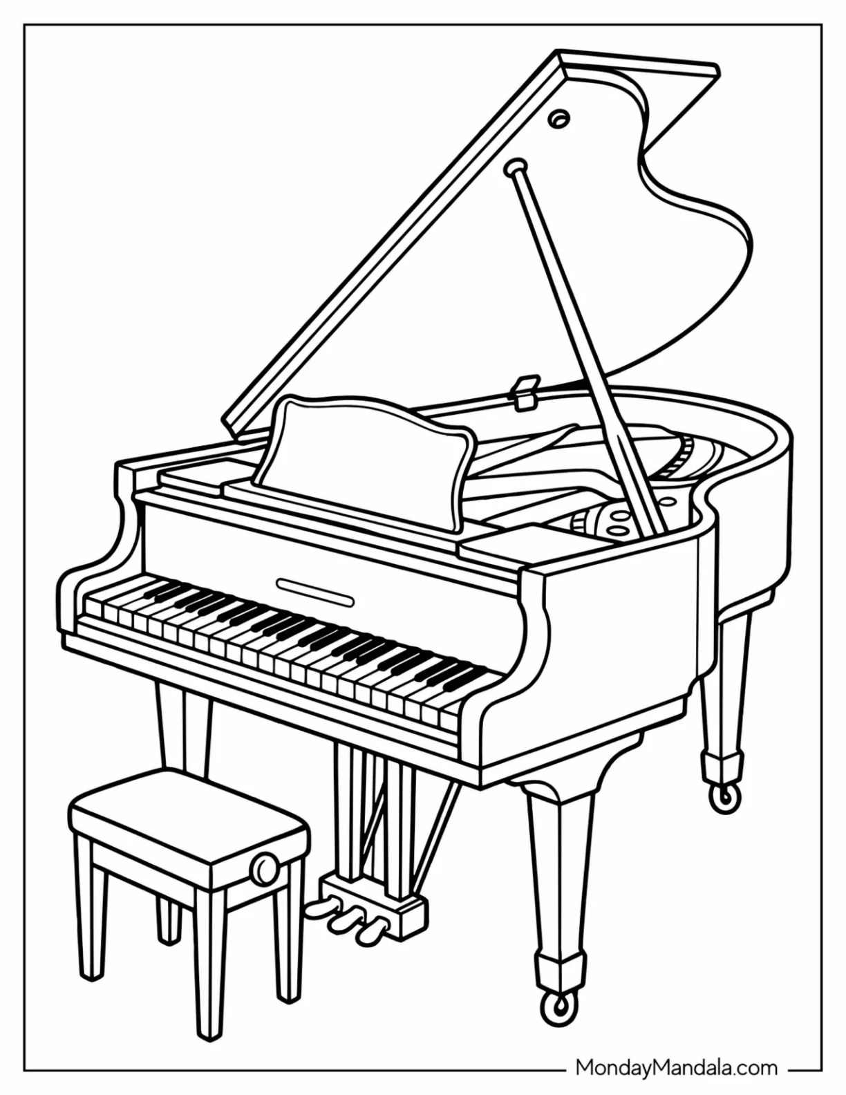 Realistic Grand Piano with Bench Coloring Sheet coloring page — printable line art