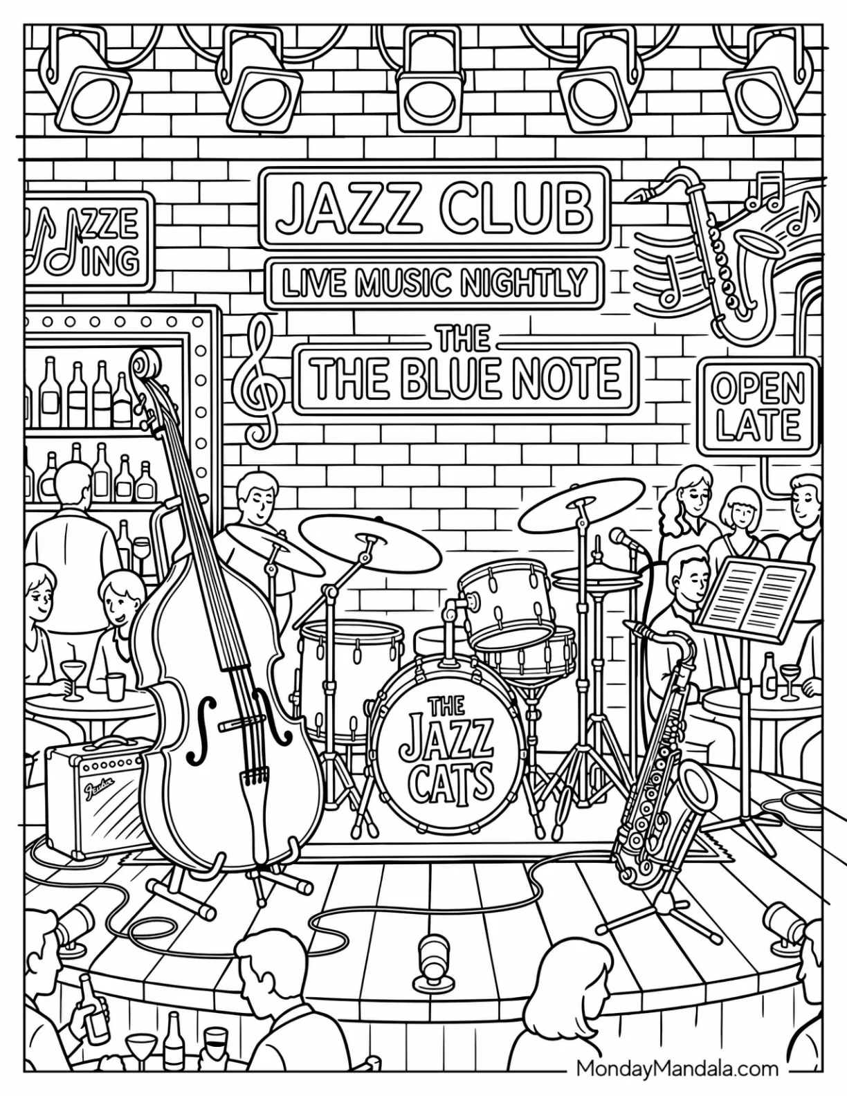 Realistic Jazz Club Stage with Musical Instruments Coloring Page coloring page