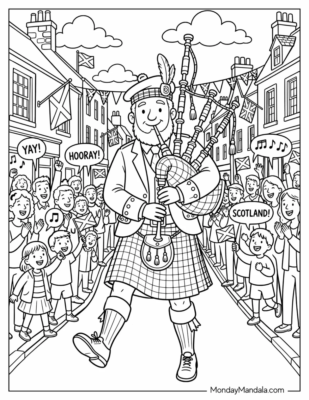 Scottish Bagpiper Performing at a Street Festival Coloring Page coloring page