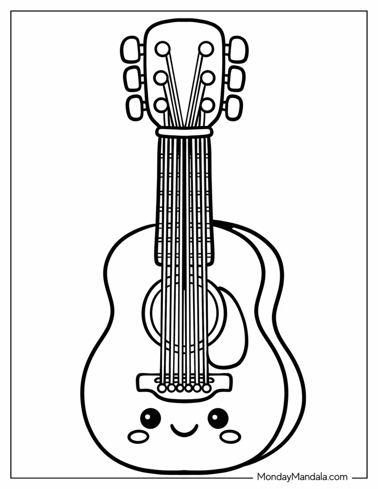 Smiling Acoustic Guitar Coloring Page for Preschoolers coloring page