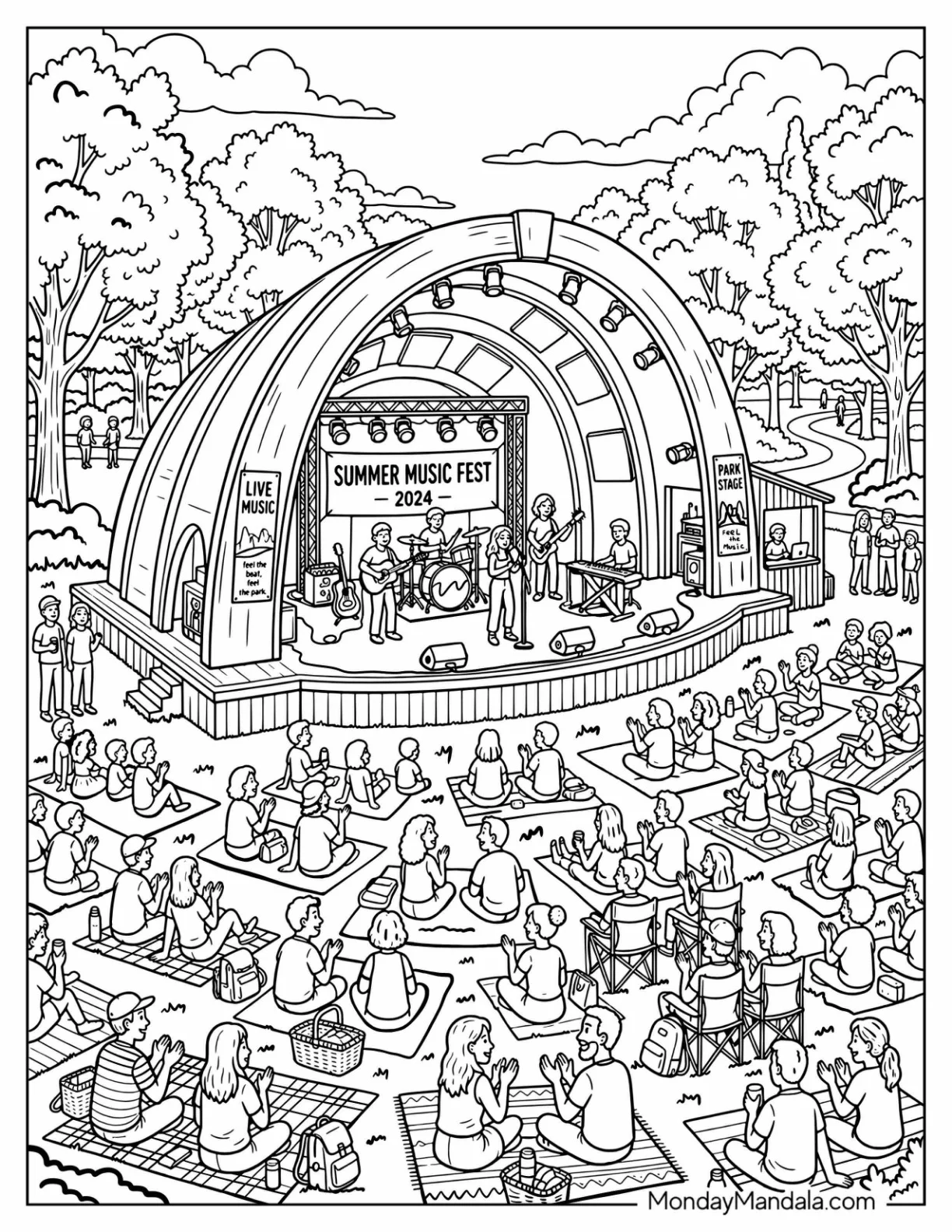 Summer Music Festival with Live Band and Outdoor Concert coloring page