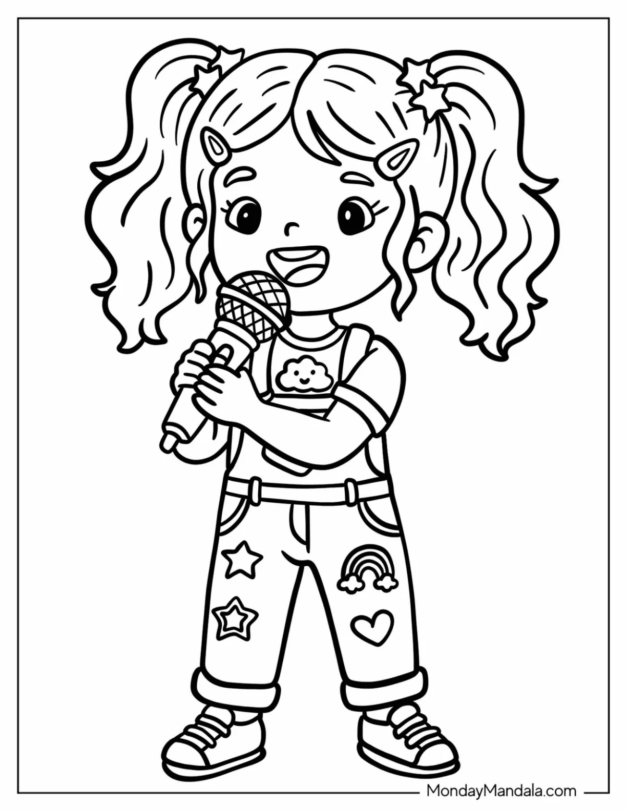 Talented Girl Singing into a Microphone Coloring Page for Kids coloring page