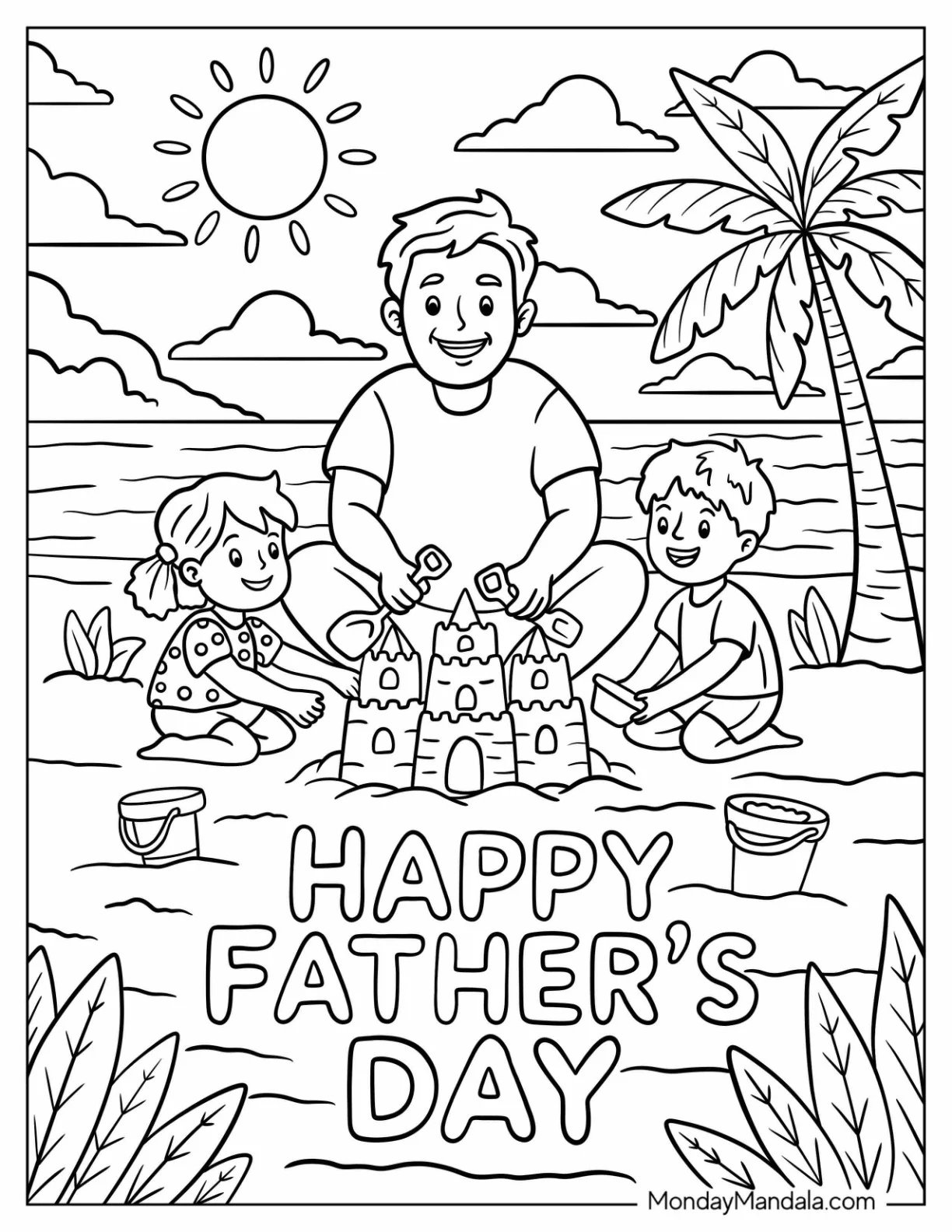 Dad Building Sandcastle With Son And Daughter On Shore Father's Day Coloring Page coloring page