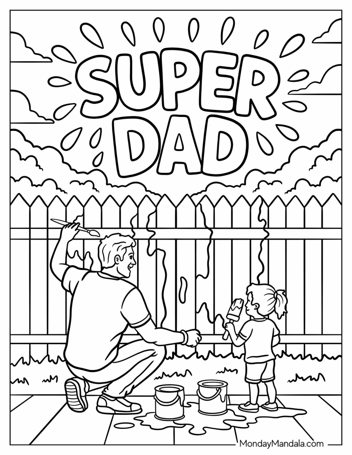 Father's Day Coloring Pag of Super Dad Painting Fence With Daughter In Backyard coloring page — printable line art