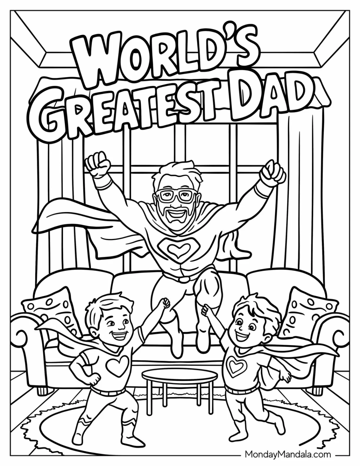 Father's Day Coloring Pag of World’s Greatest Dad Flying In The Living Room With Kids In Superhero Capes coloring page — printable line art