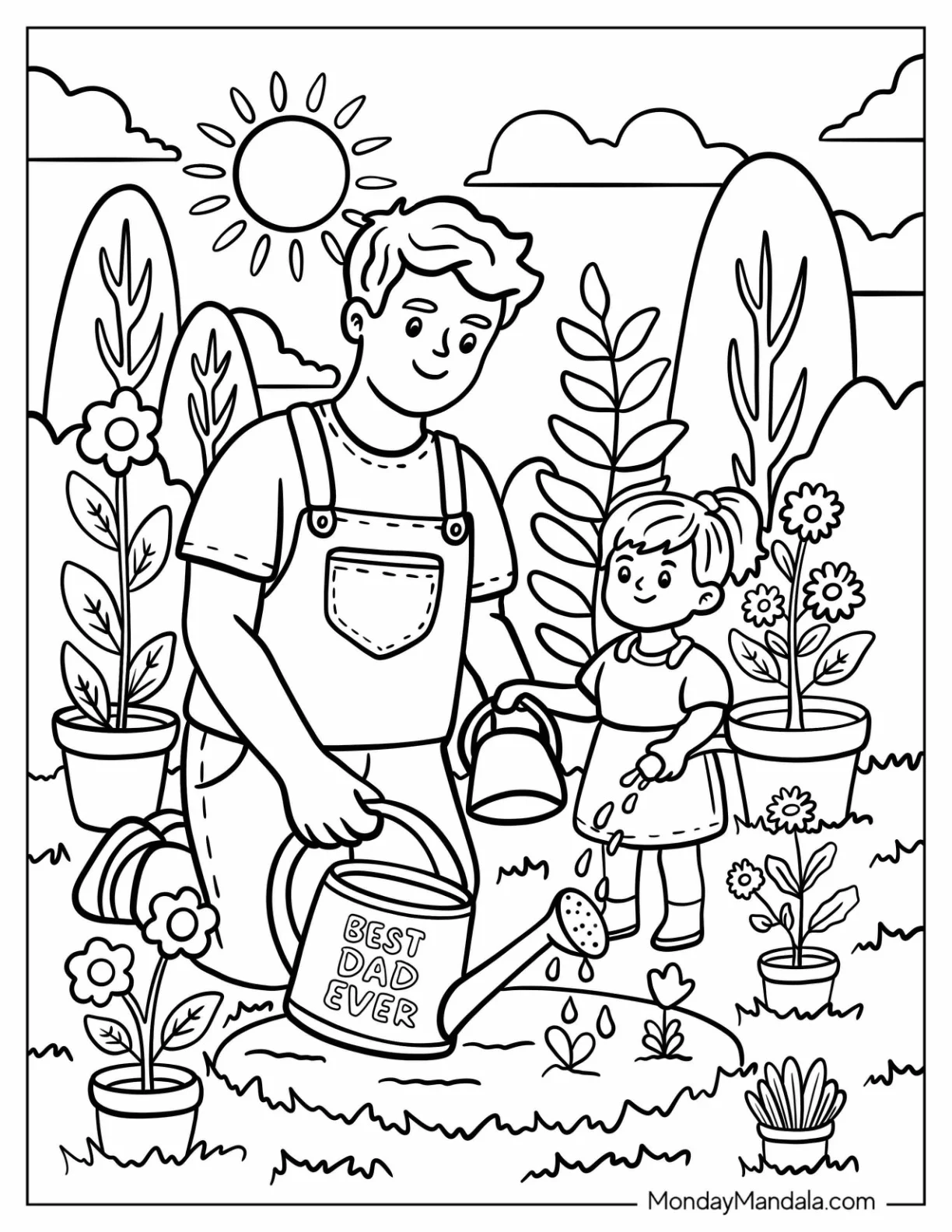Father's Day Coloring Page of Cartoon Father And Child Gardening Together In Sunny Backyard For Kids coloring page — printable line art