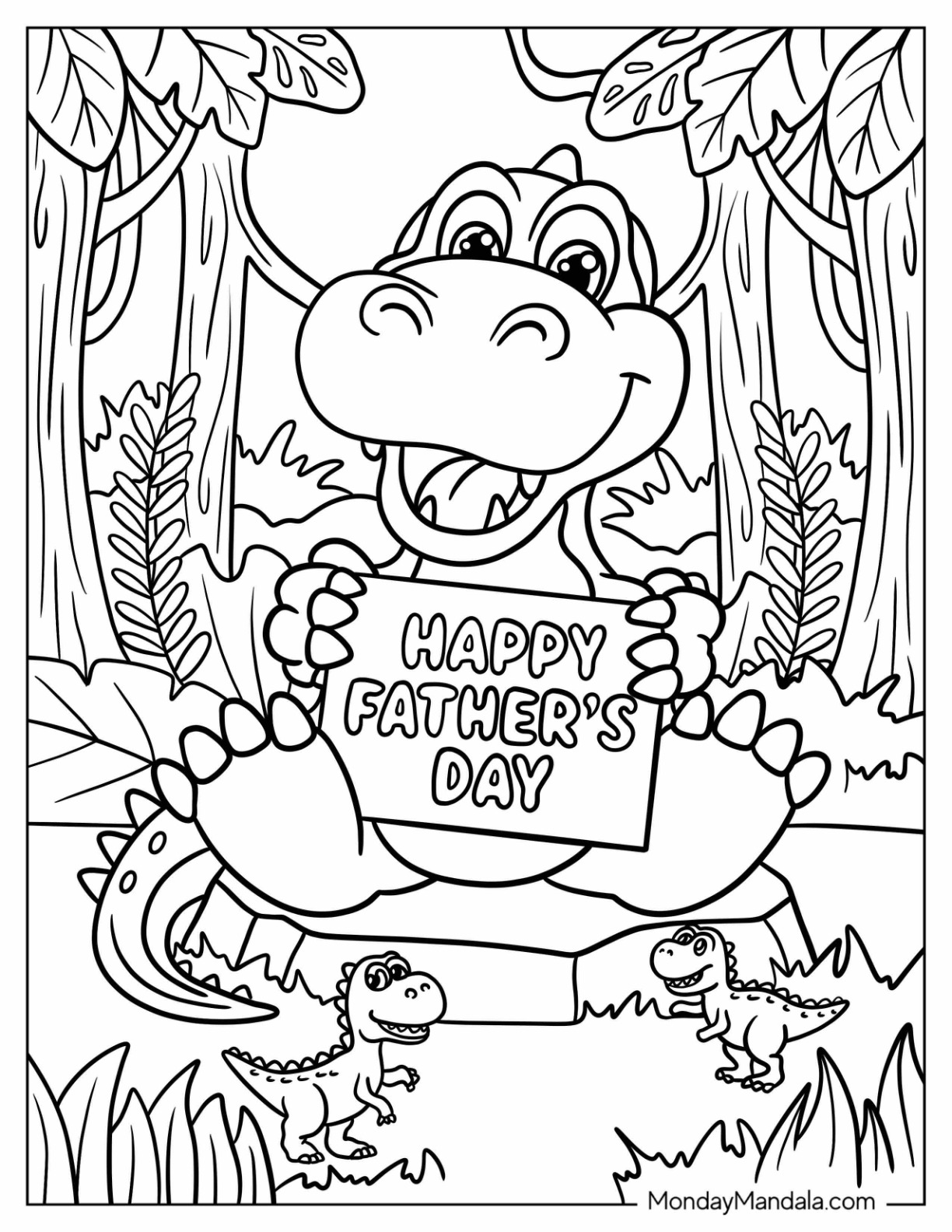Father's Day Coloring Page Of Cute Dinosaur Holding A Happy Father's Day Sign For Kids coloring page — printable line art