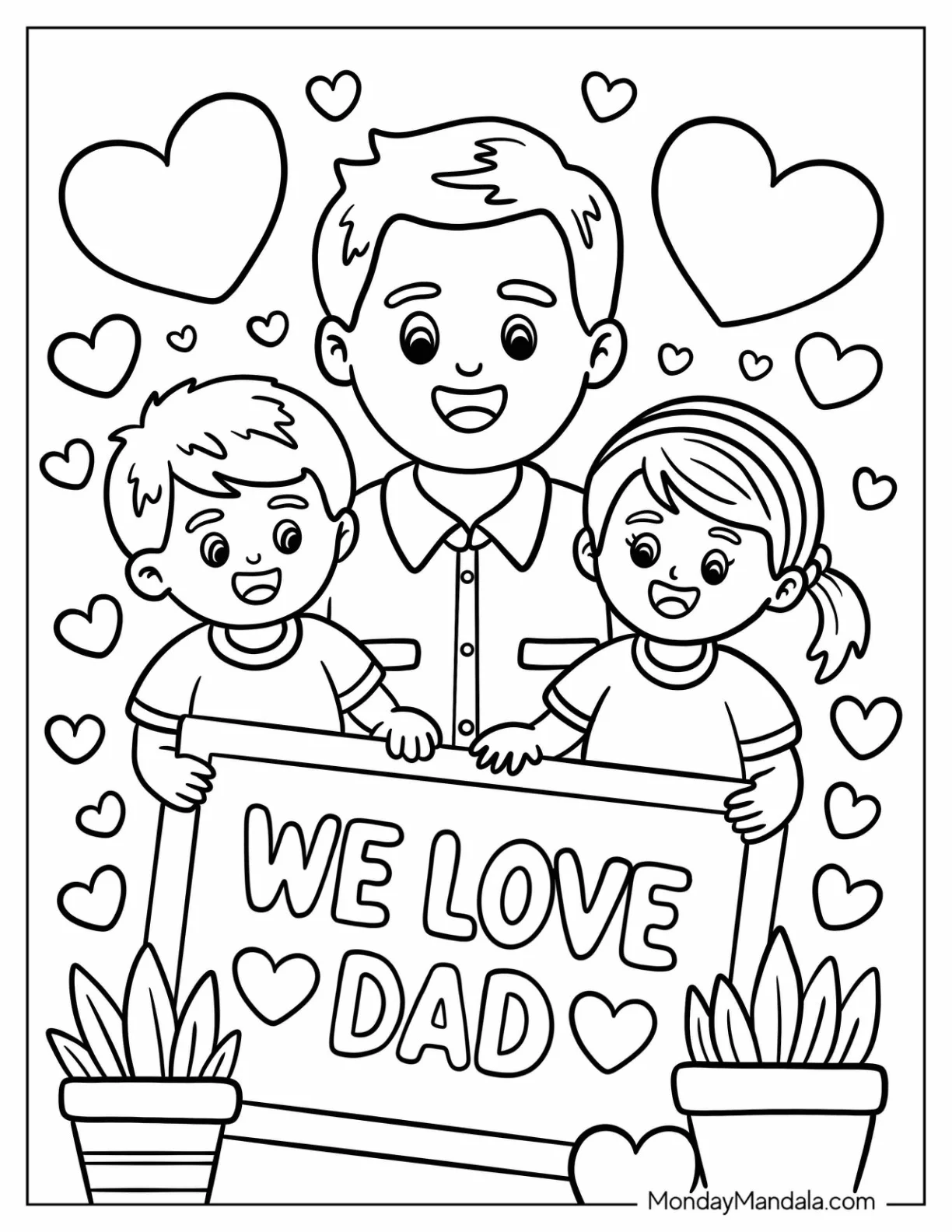 Father's Day Coloring Page of Easy Kids And Father Holding We Love Dad Sign With Love Hearts For Kids coloring page — printable line art