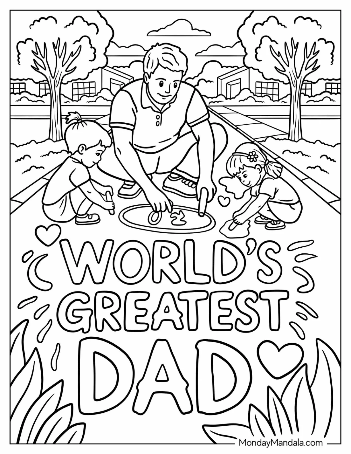 Father's Day Coloring Page of Father and Children Doing Chalk Drawings With World s Greatest Dad Words coloring page