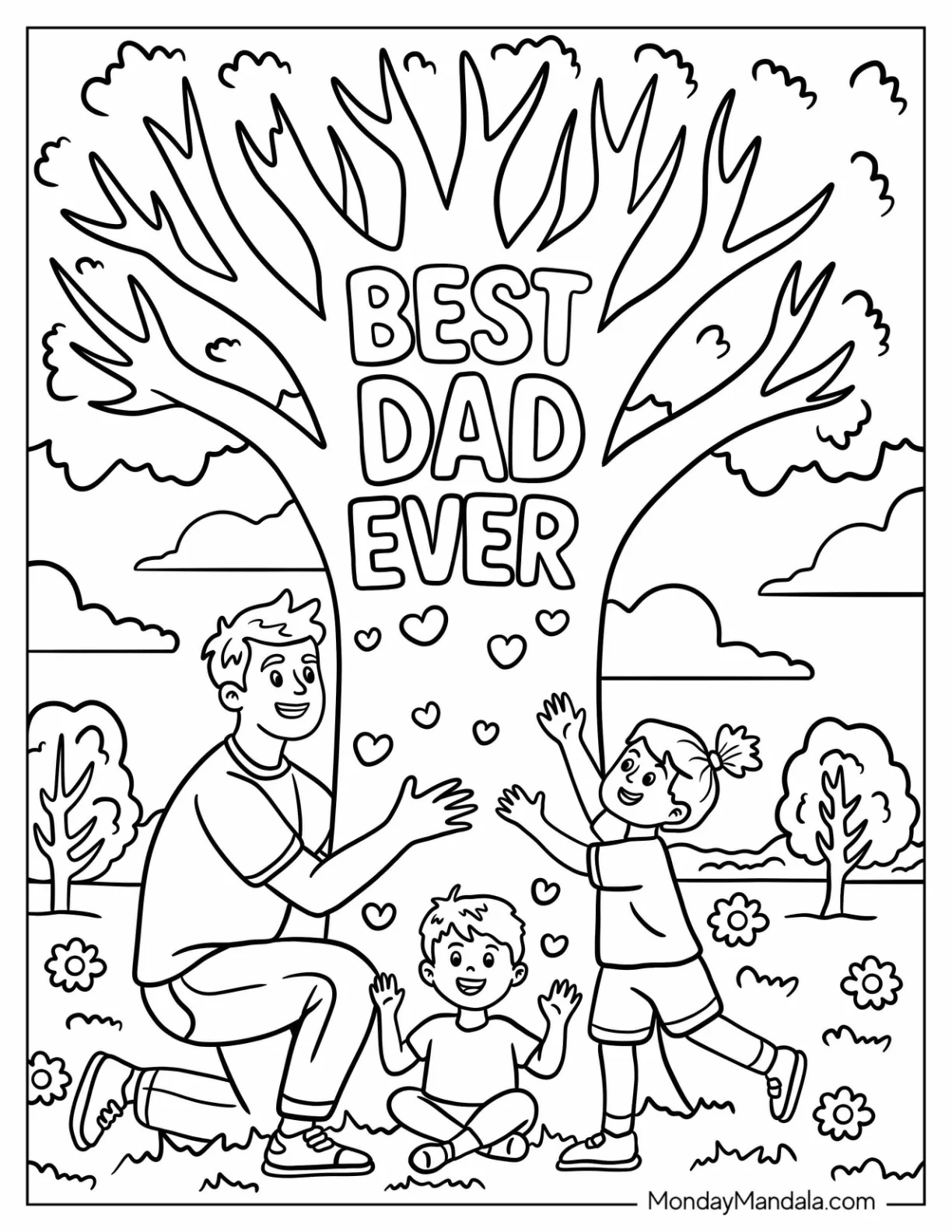 Father's Day Coloring Page of Father and Kids Hugging A Tree With Best Dad Ever Words coloring page