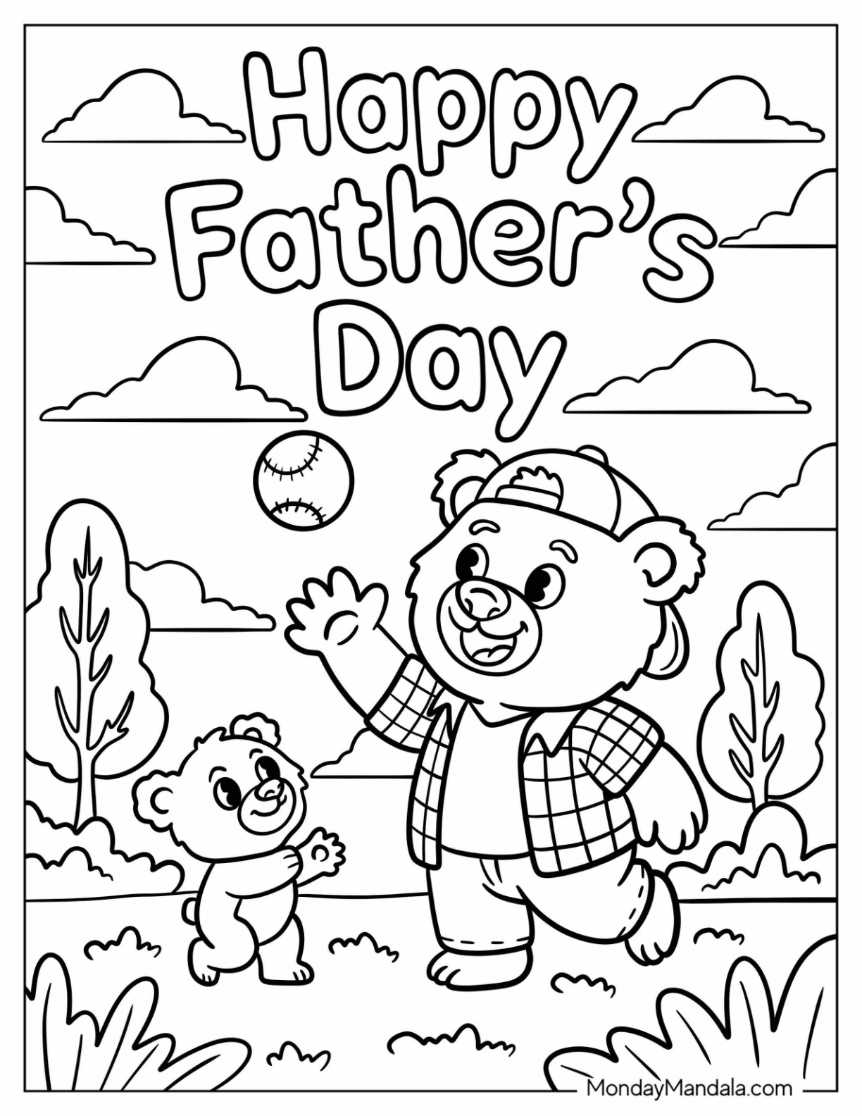 Father's Day Coloring Page of Father Bear Tossing Baseball To Baby Bear In The Park For Kids coloring page — printable line art
