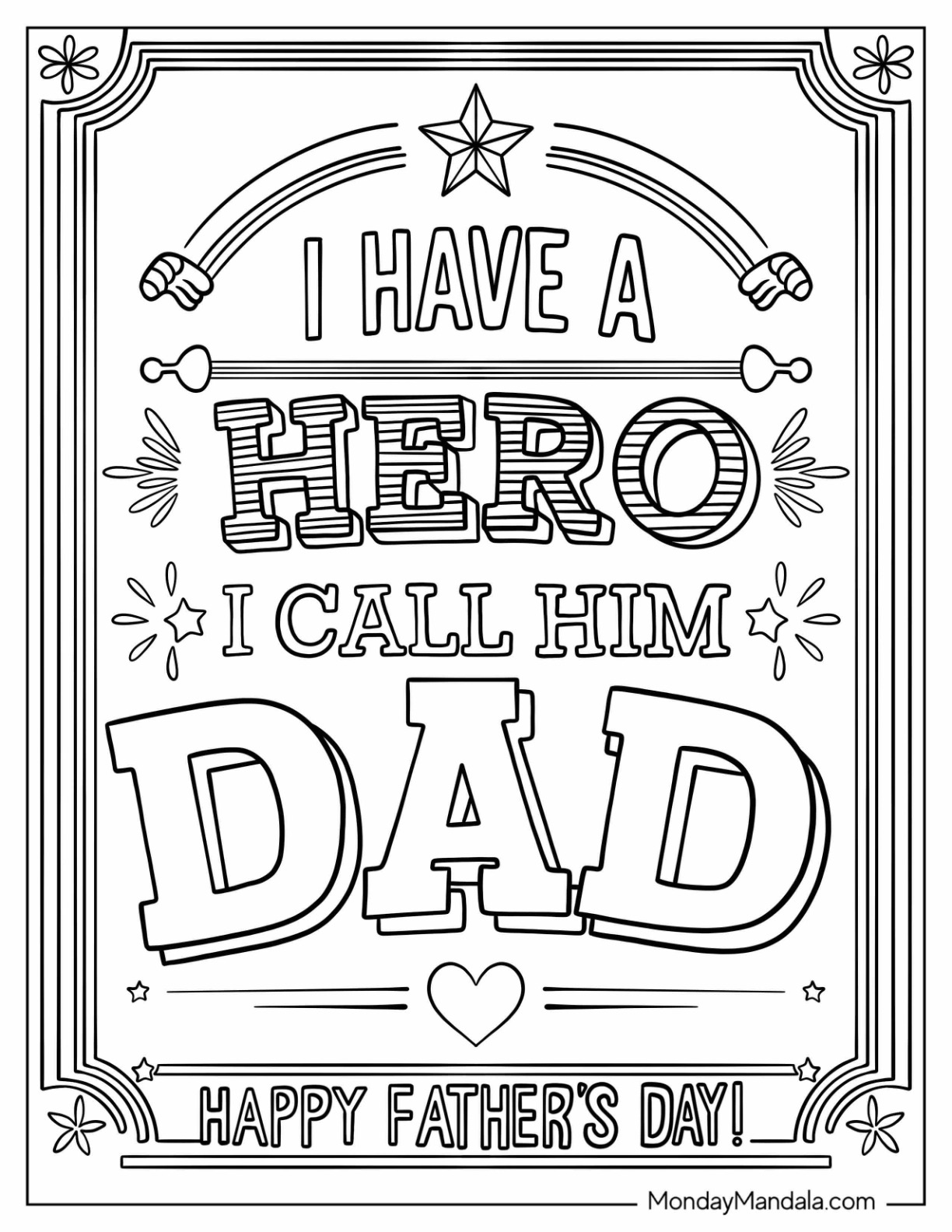 Father's Day Coloring Page Of I Have A Hero I Call Him Dad Words coloring page — printable line art