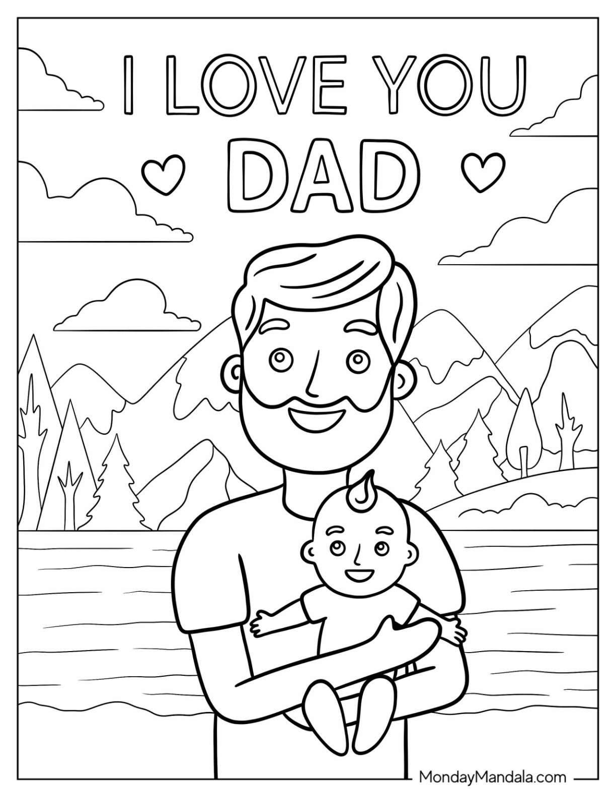 Father's Day Coloring Page Of I Love You Dad Words Over Father Carrying His Baby coloring page — printable line art