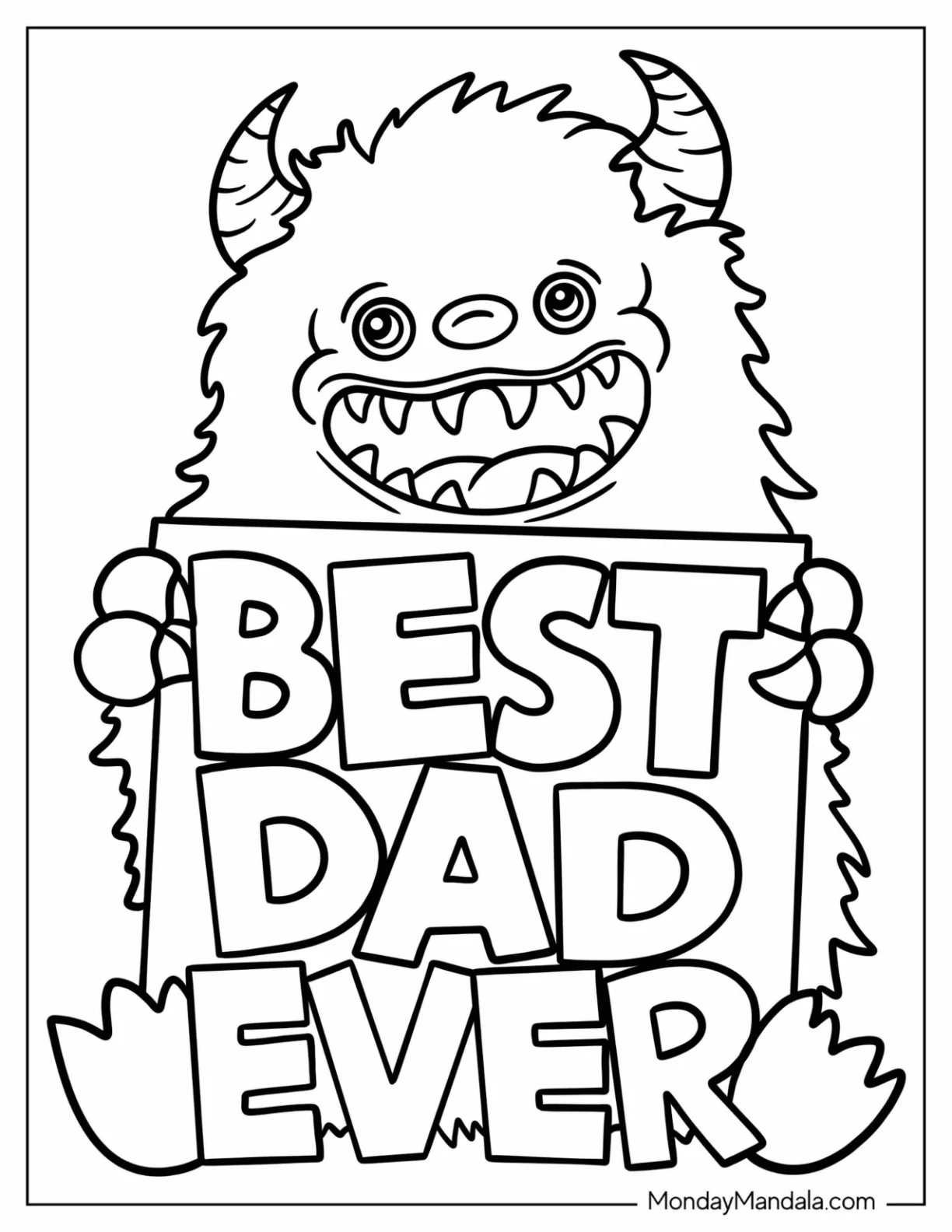 Father's Day Coloring Page Of Kawaii Monster With Best Dad Ever Sign For Kids coloring page