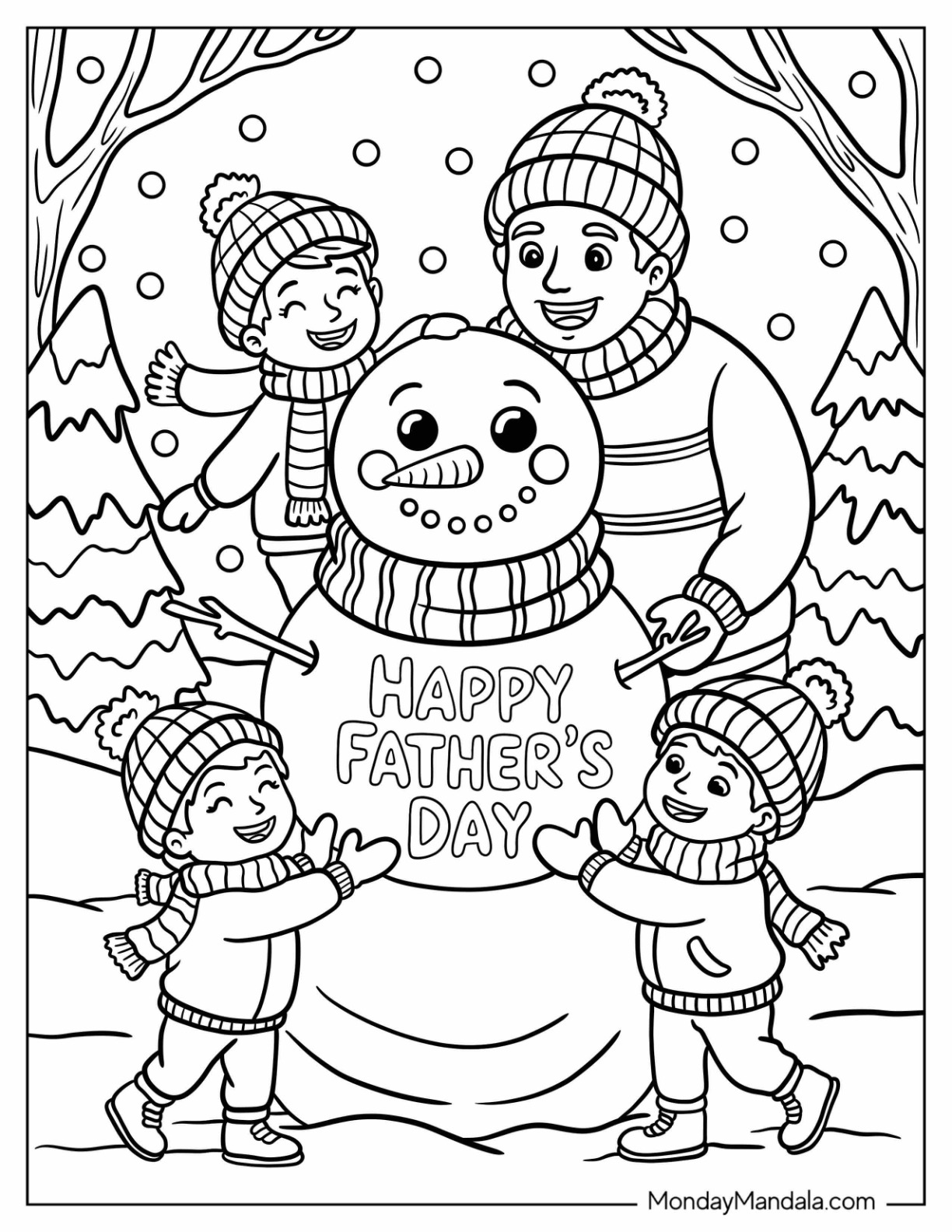 Festive Dad And Kids Making Snowman Together In Snowy Forest Happy Father's Day Coloring Page coloring page
