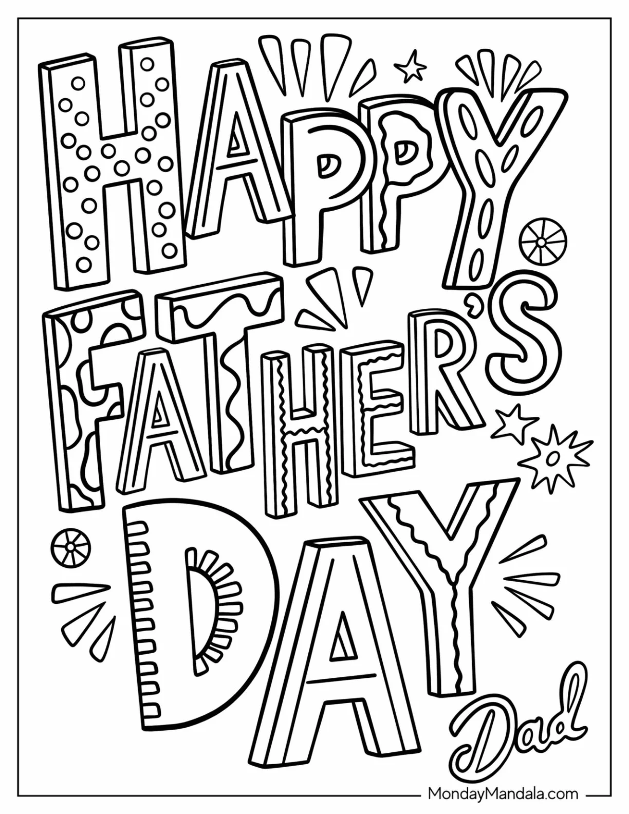 Festive Happy Father's Day Coloring Page Of Words For Kids coloring page — printable line art