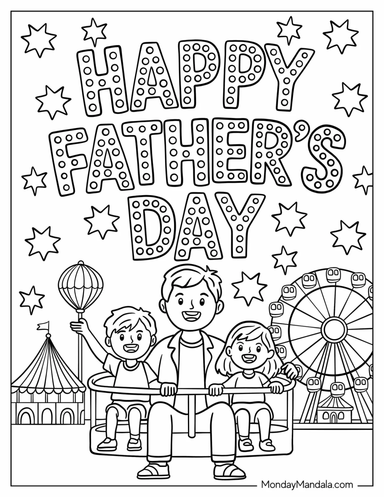 Happy Father's Day Coloring Page At The Carnival With Dad And Kids on a Ride coloring page — printable line art