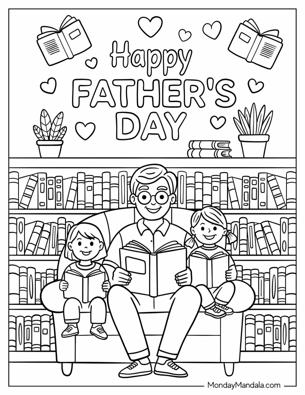 Happy Father's Day Coloring Page of With Dad Reading To Kids In Library coloring page