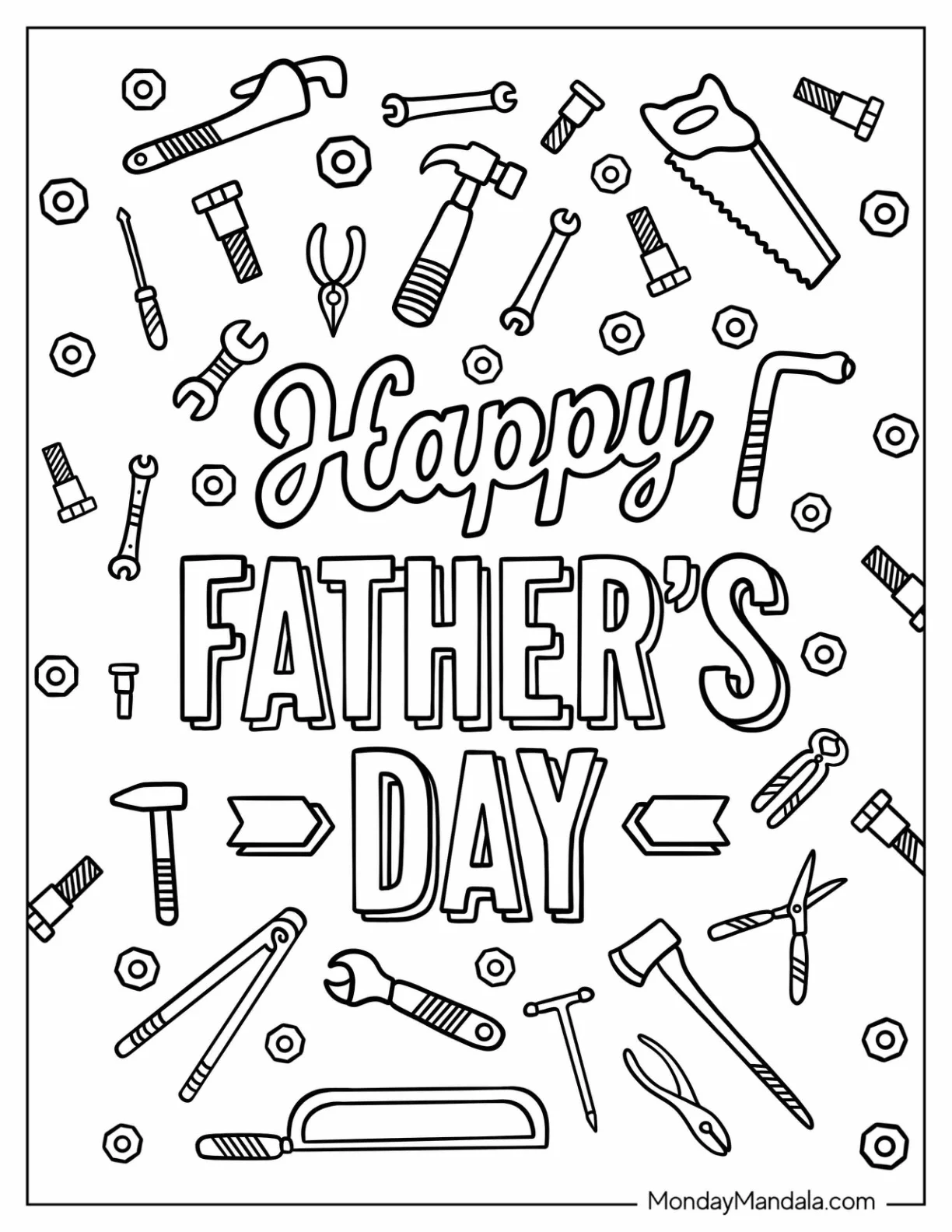 Happy Father's Day Coloring Page Of Words Surrounded By Tools coloring page