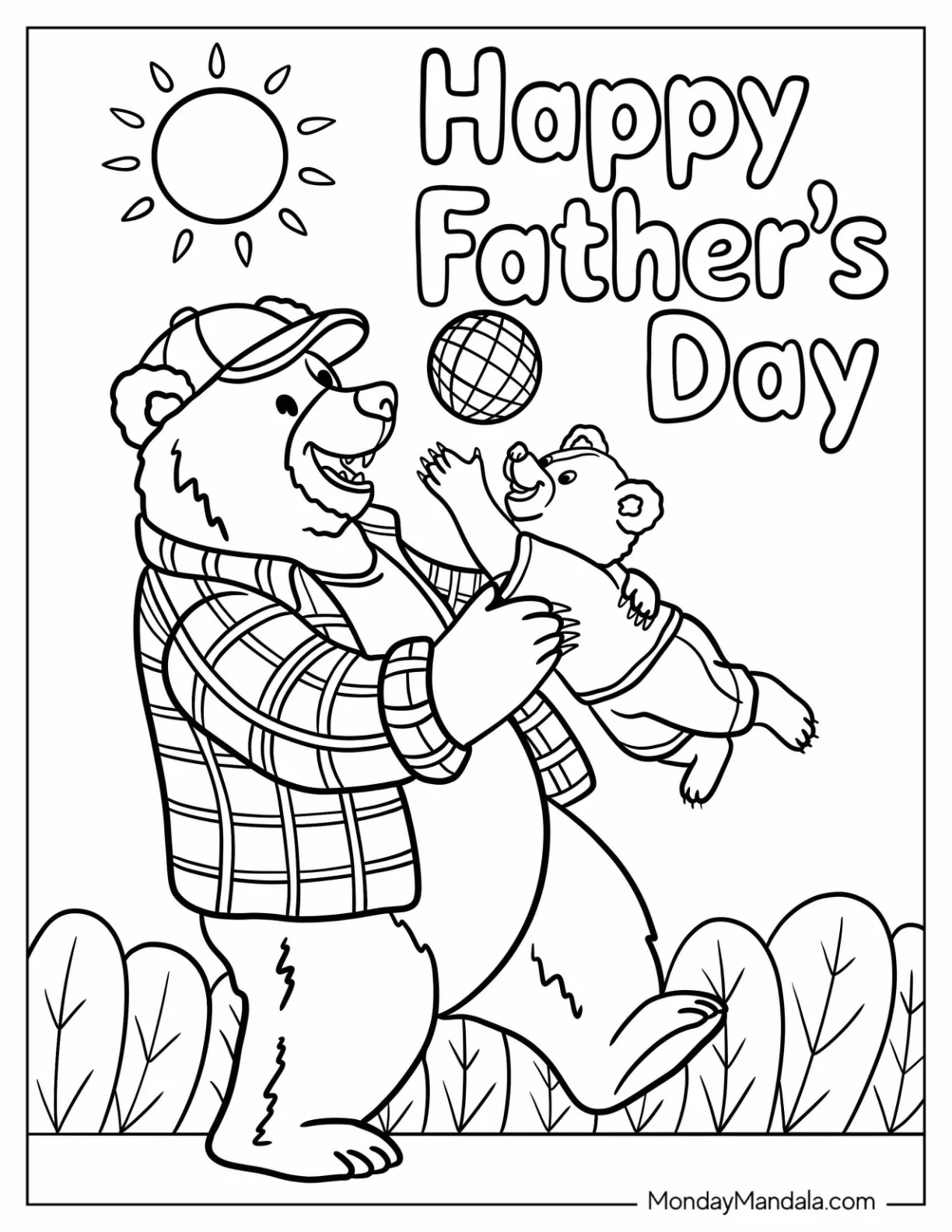 Happy Father's Day Coloring Page With Bear Dad And Cub Playing Ball For Kids coloring page