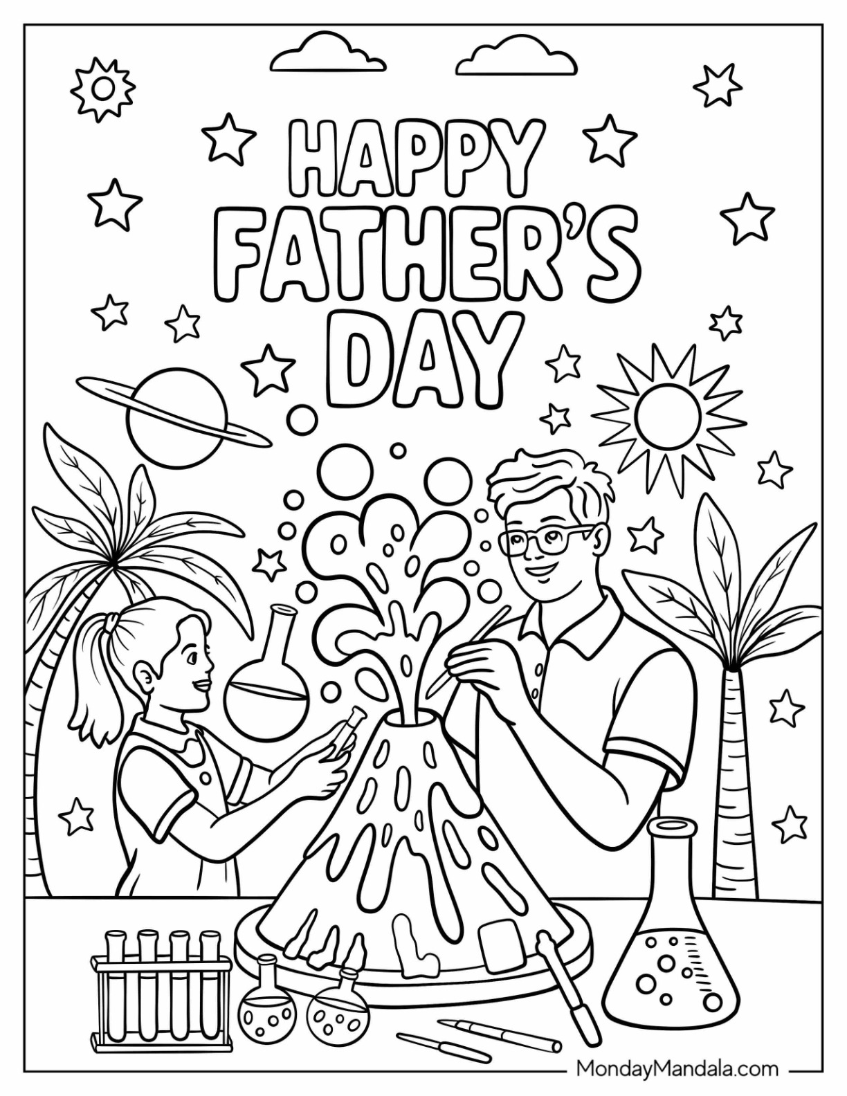 Happy Father's Day Coloring Page With Dad And Daughter Doing Science Experiment Coloring Page coloring page