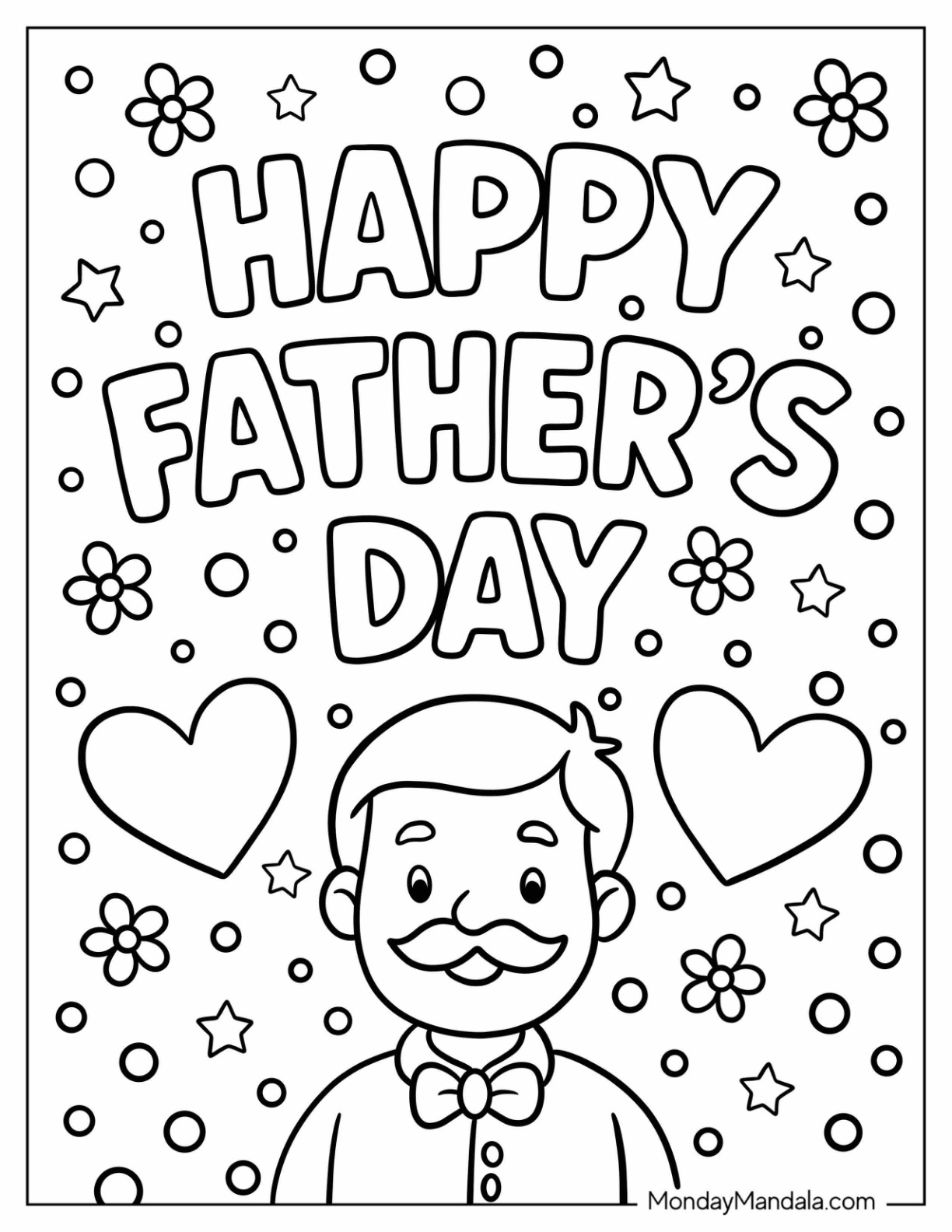 Happy Father’s Day Coloring Page With Smiling Cartoon Dad And Hearts For Preschoolers coloring page