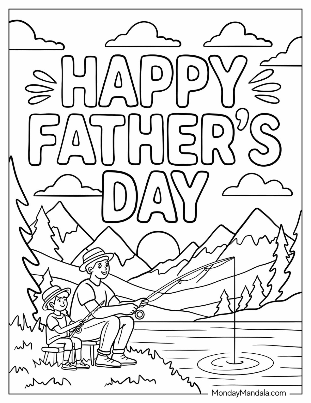 Happy Father's Day Coloring Page  Words over Dad And Child Fishing For Kids coloring page — printable line art