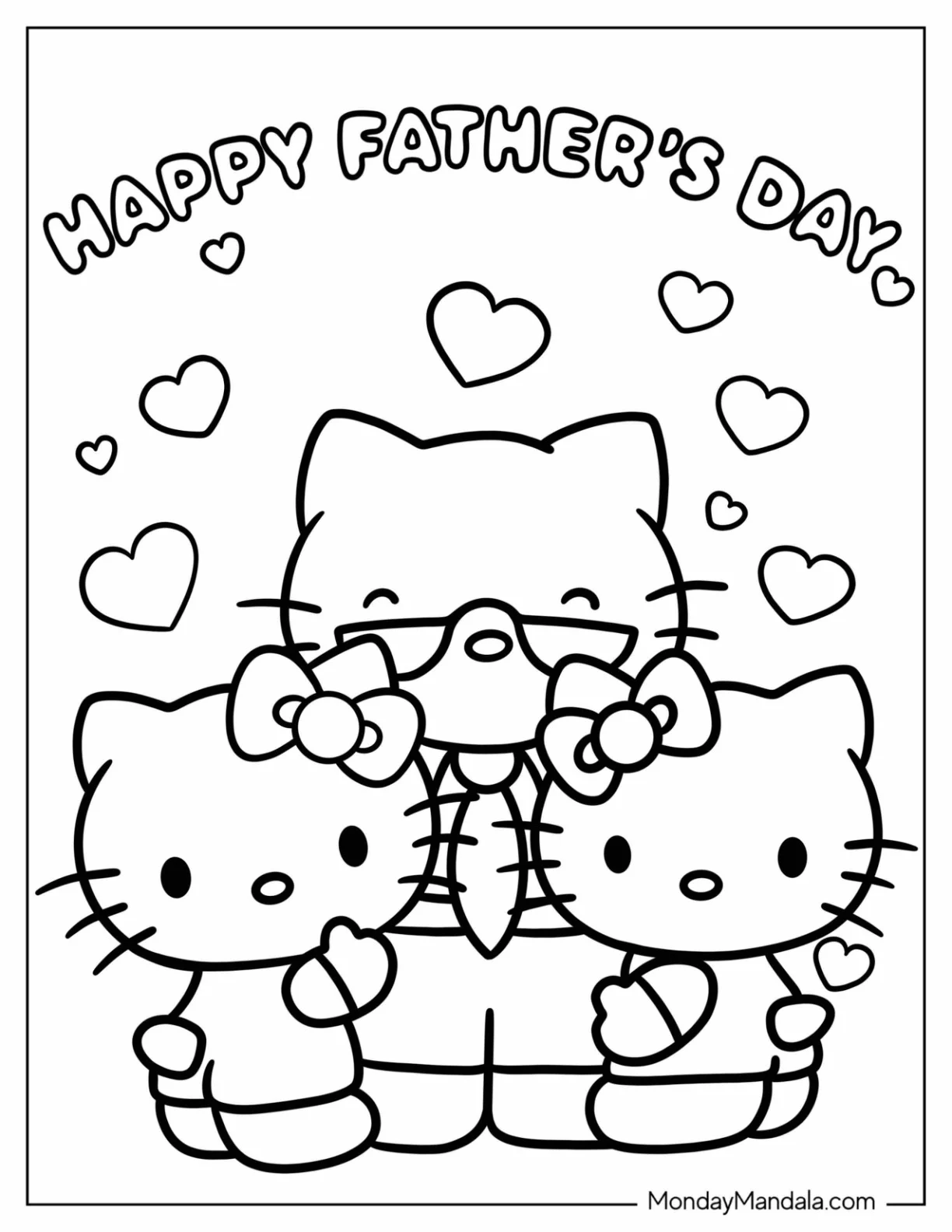 Hello Kitty And Mimmy Hugging George  Papa White On Father's Day Coloring Page coloring page