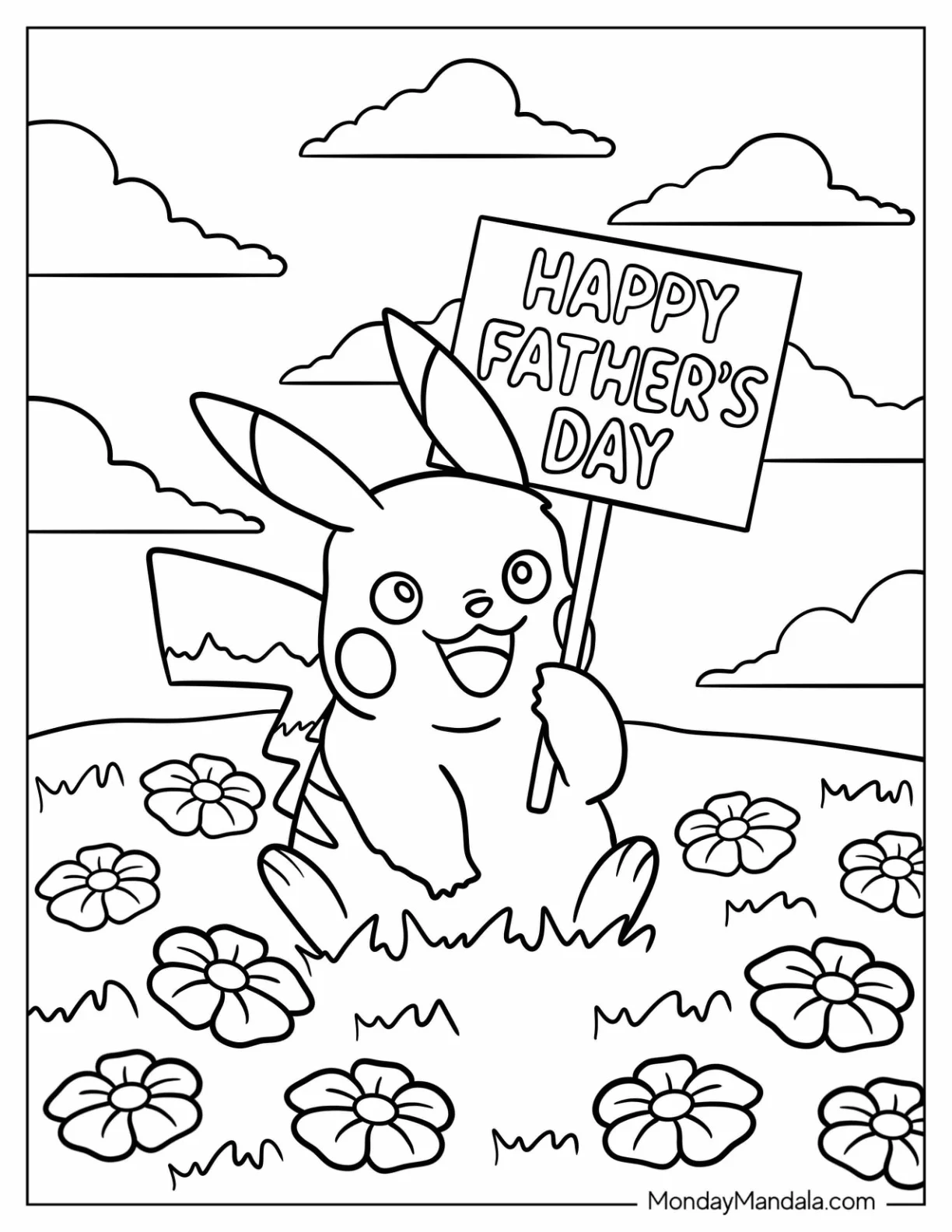 Pikachu Sitting On A Flower Field With A Father's Day Coloring Page Of Sign coloring page