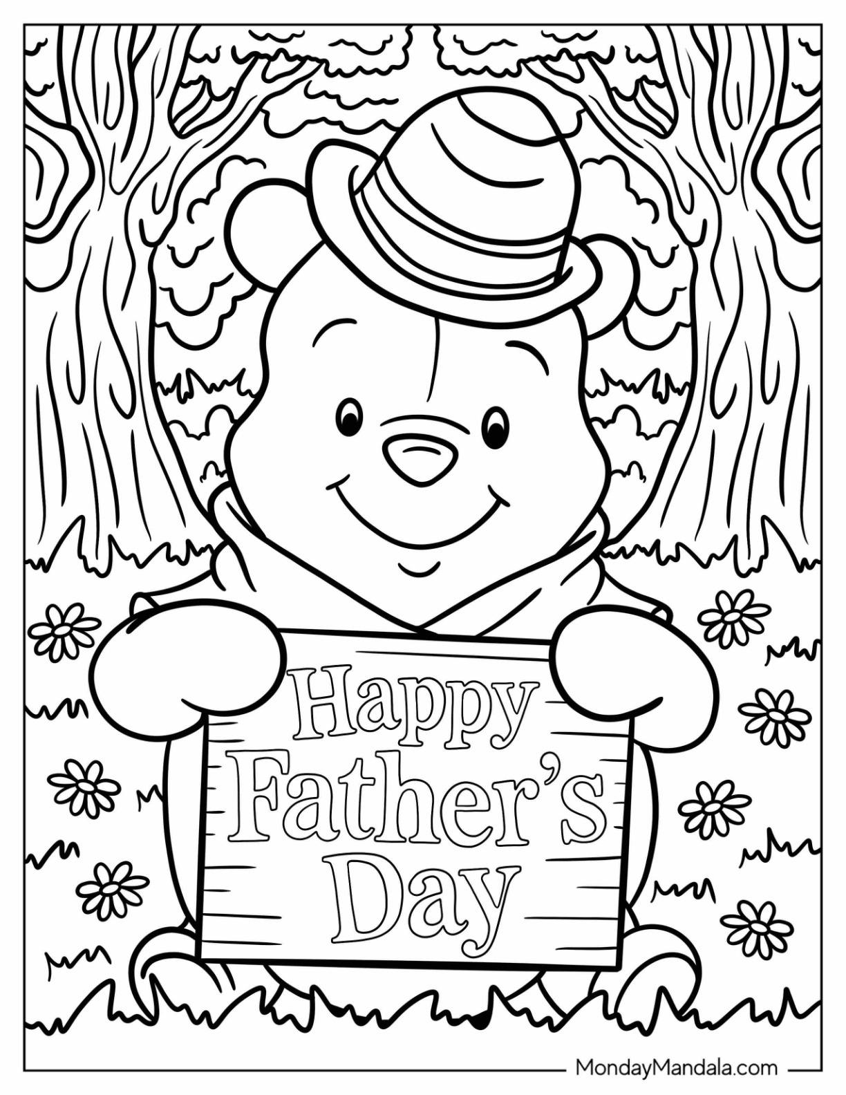 Smiling Winnie The Pooh With A Happy Father's Day Sign Coloring Page For Kids coloring page