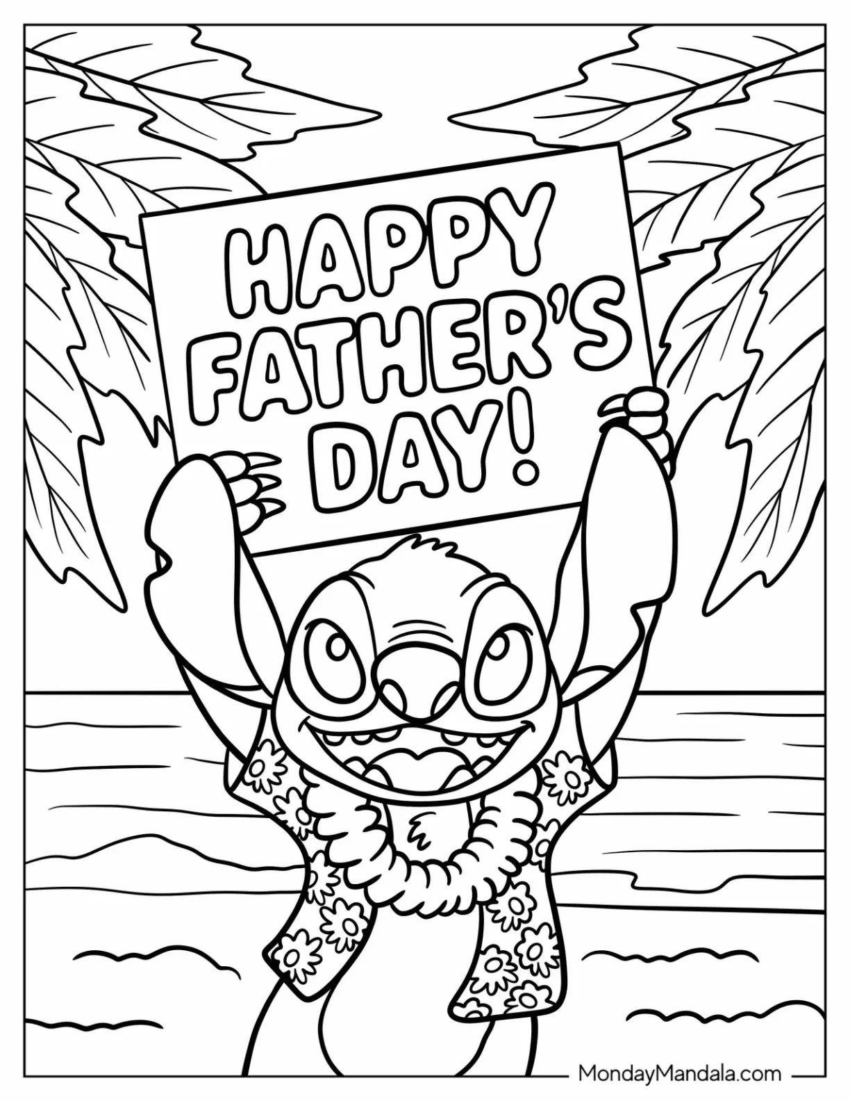 Stitch Holding Up A Father's Day Coloring Page Of Greeting At The Beach For Kids coloring page