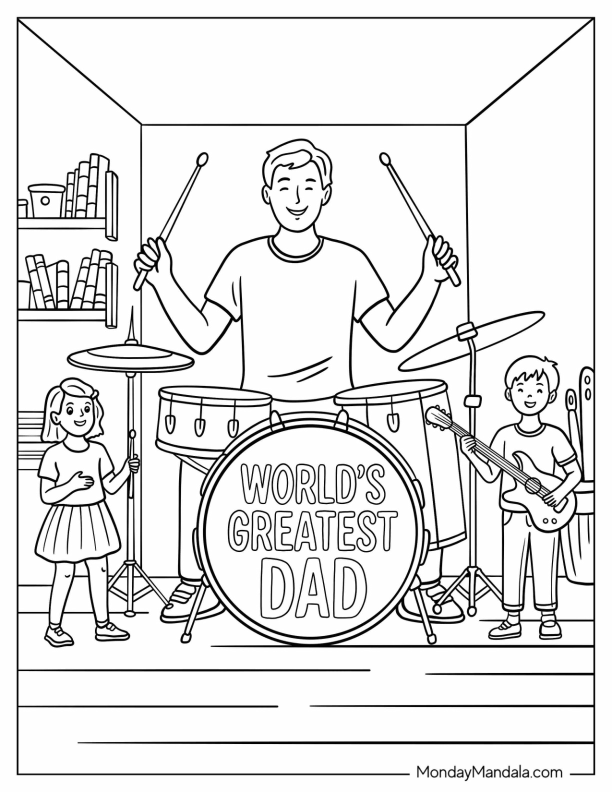 World’s Greatest Dad Playing Drums With Kids In Family Band Coloring Page coloring page