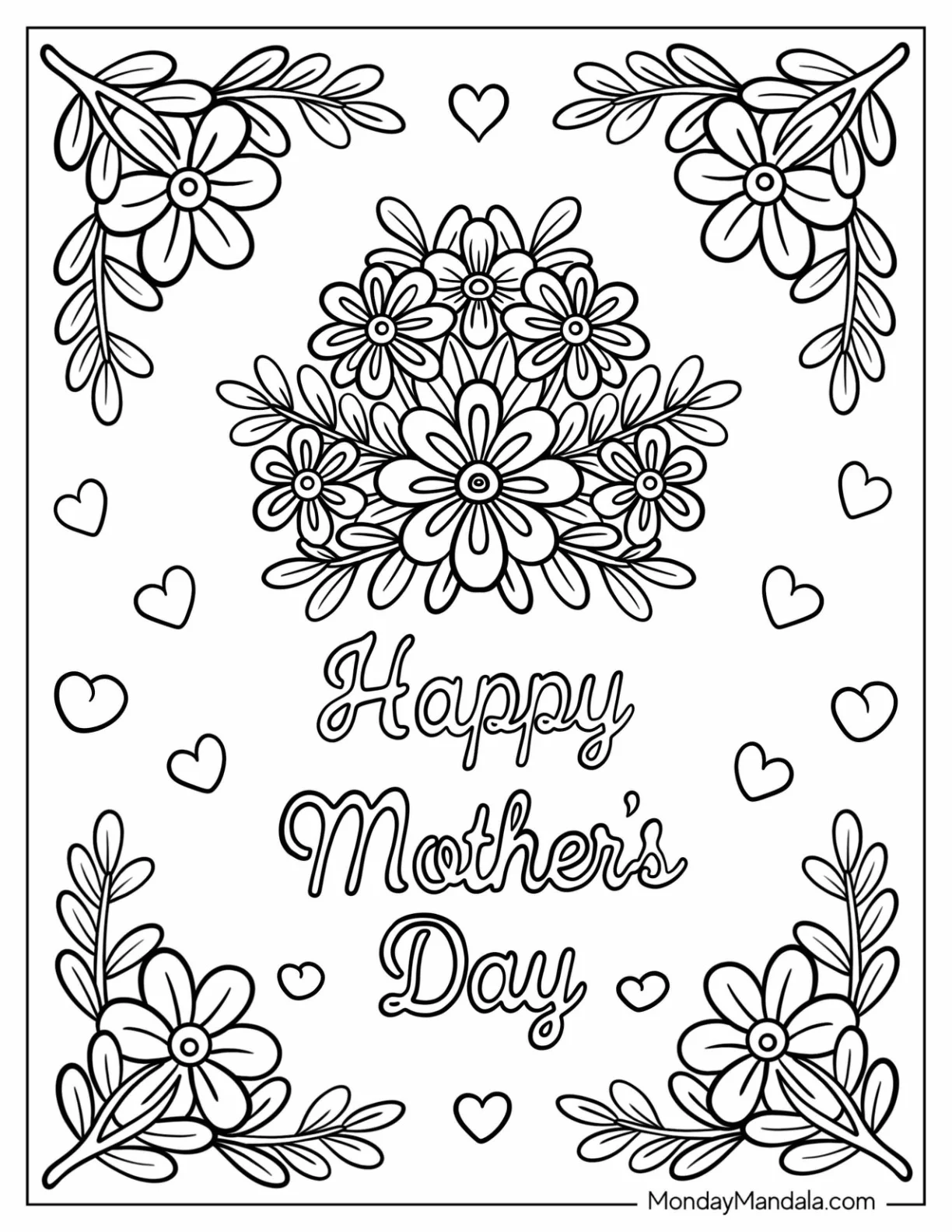 Beautiful Flowers With Mother's Day Coloring Page Script coloring page