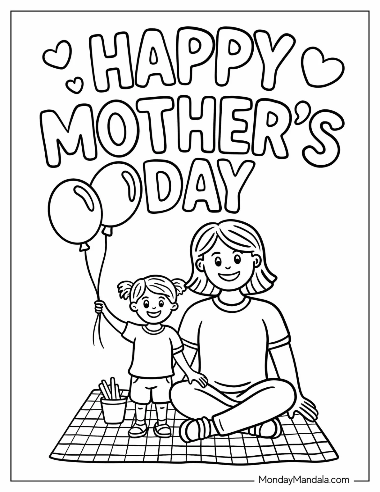 Easy Mother's Day Coloring Page of Picnic with Balloons and Smiles For Kids coloring page — printable line art