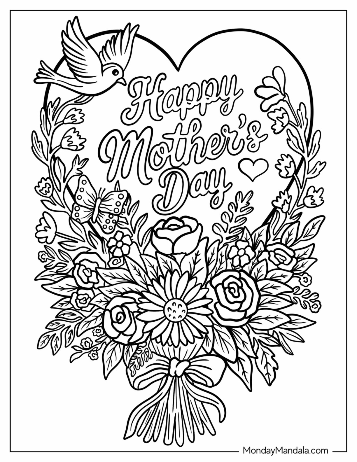 Elegant Happy Mother's Day Coloring Page Of Words In The Middle Of Flowers coloring page — printable line art