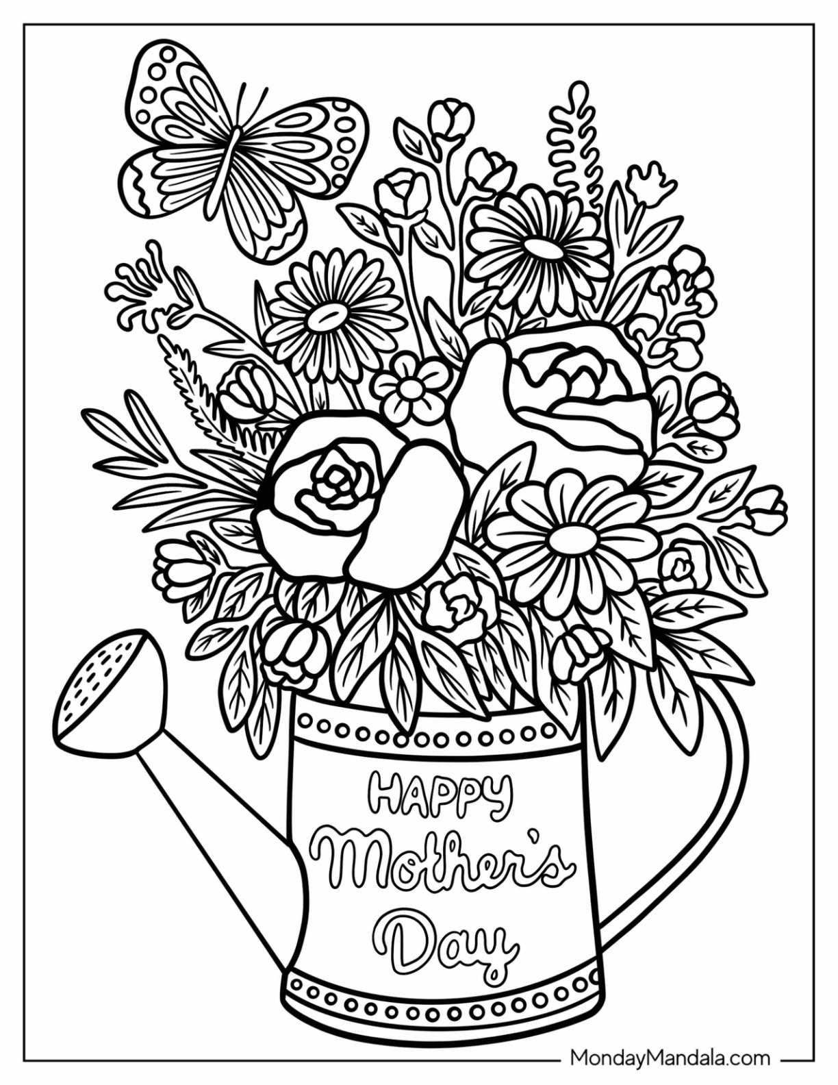Flower In A Watering Can For Mother's Day Coloring Page coloring page — printable line art