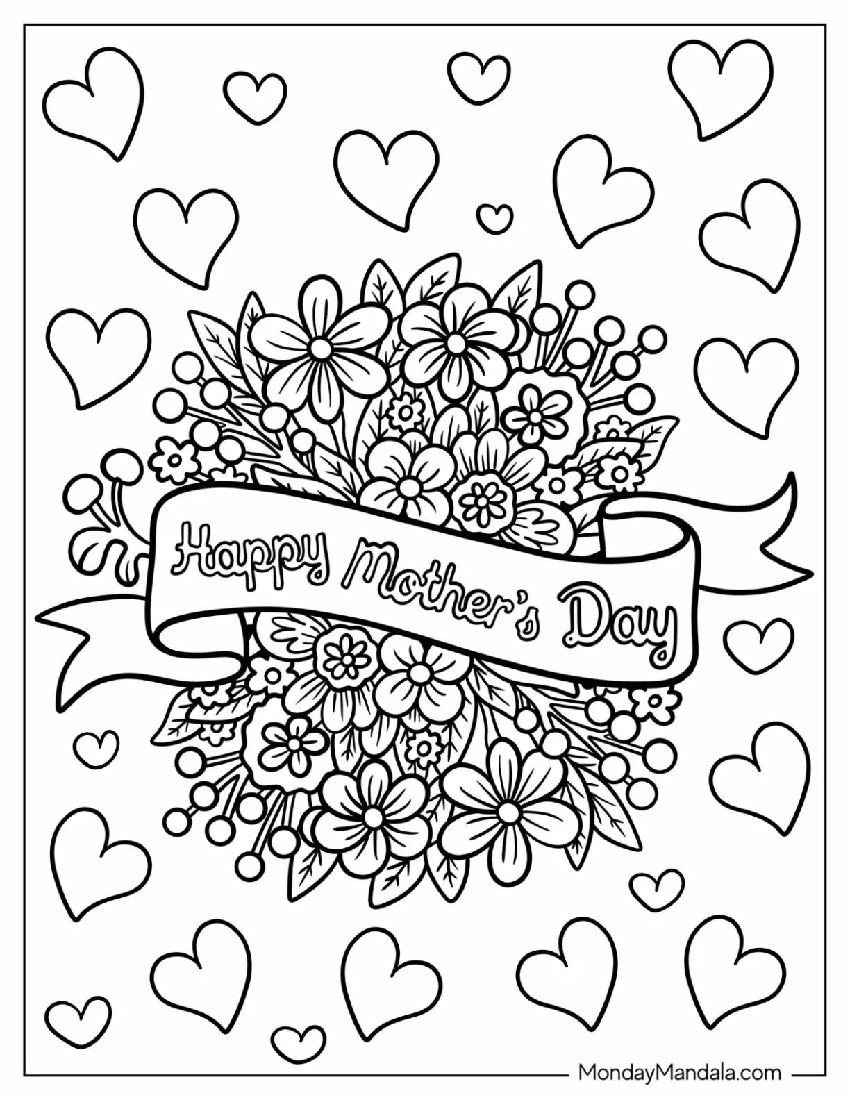 Happy Mother's Day Coloring Page Of Banner Above Flowers coloring page — printable line art