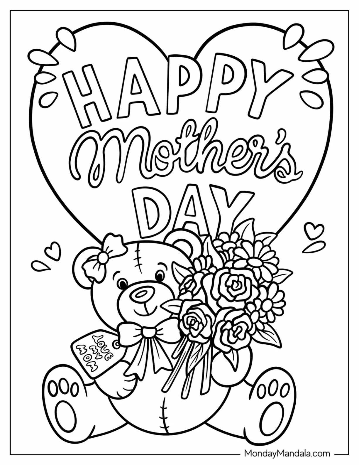 Happy Mother's Day Coloring Page Of Inside A Love Heart With A teddy Bear And Flowers coloring page — printable line art
