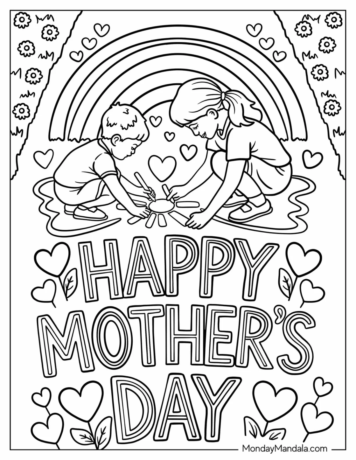 Happy Mother's Day Coloring Page of Words With Mother And Son Chalk Drawing coloring page — printable line art