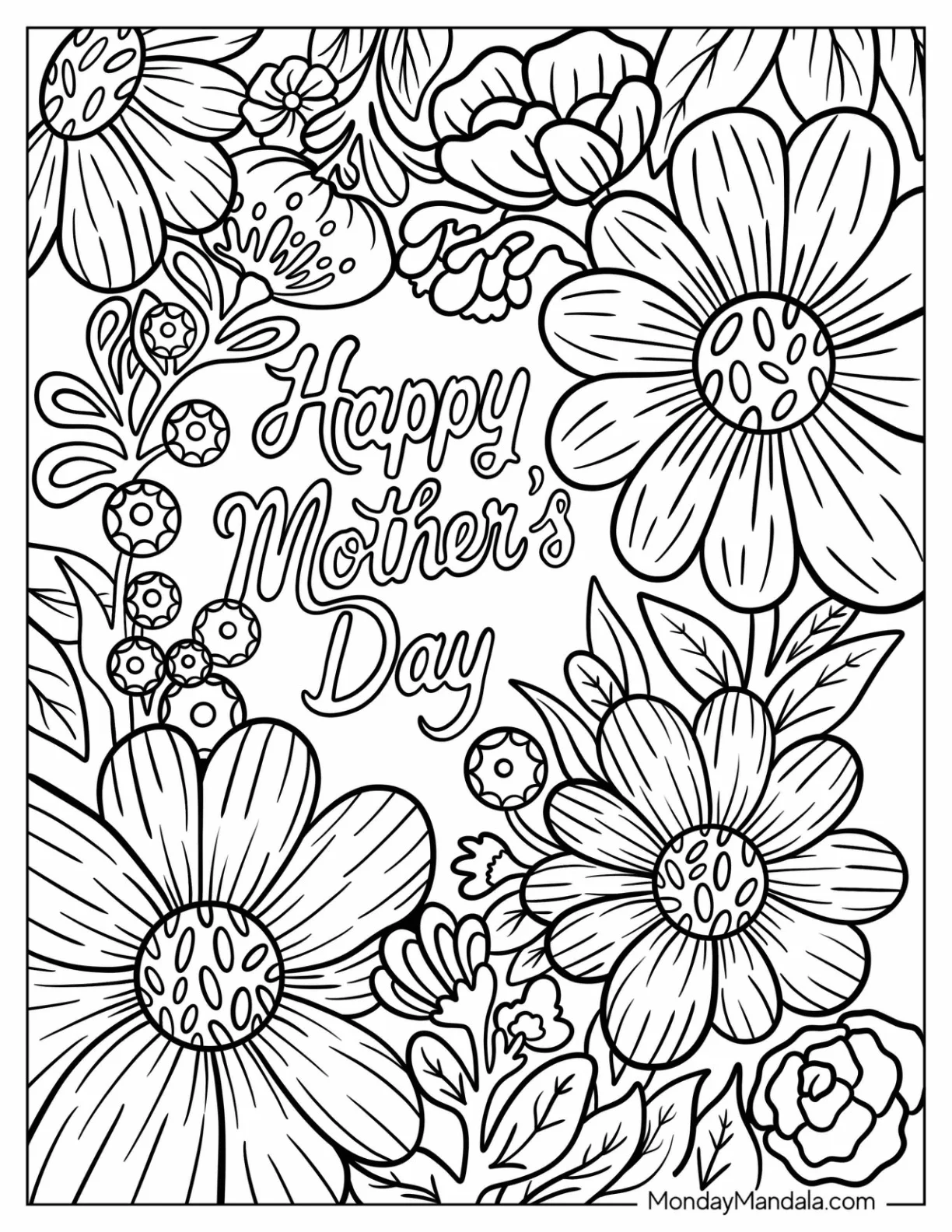 Happy Mother's Day Coloring Page Of Words With Realistic Flowers coloring page — printable line art