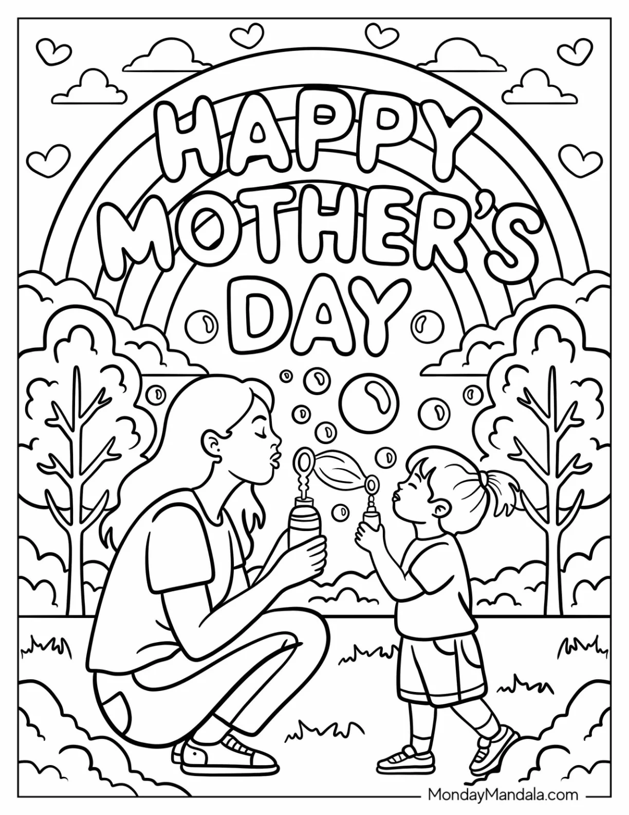 Happy Mother's Day Coloring Page On Rainbow With Mom And Daughter Blowing Bubbles in the Park coloring page — printable line art