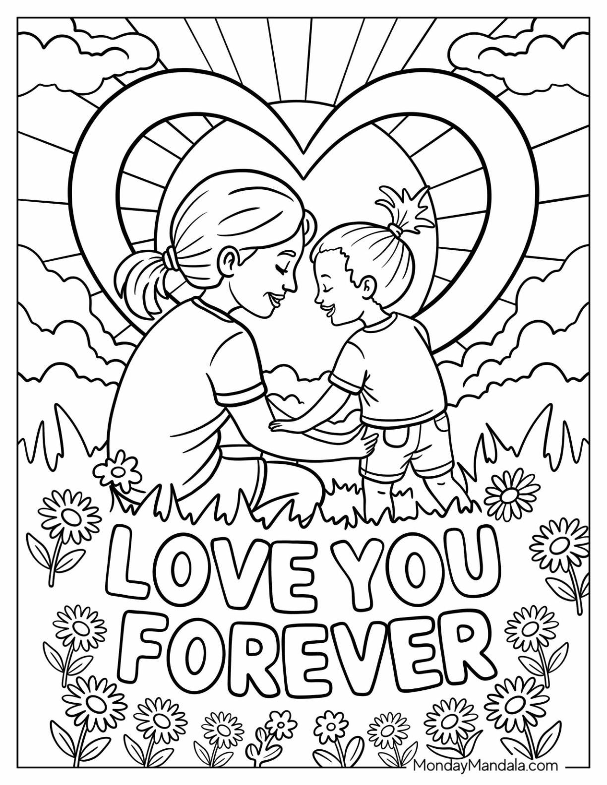 Love You Forever Words With Mom and Child Inside Lover Heart Mother's Day Coloring Page coloring page — printable line art