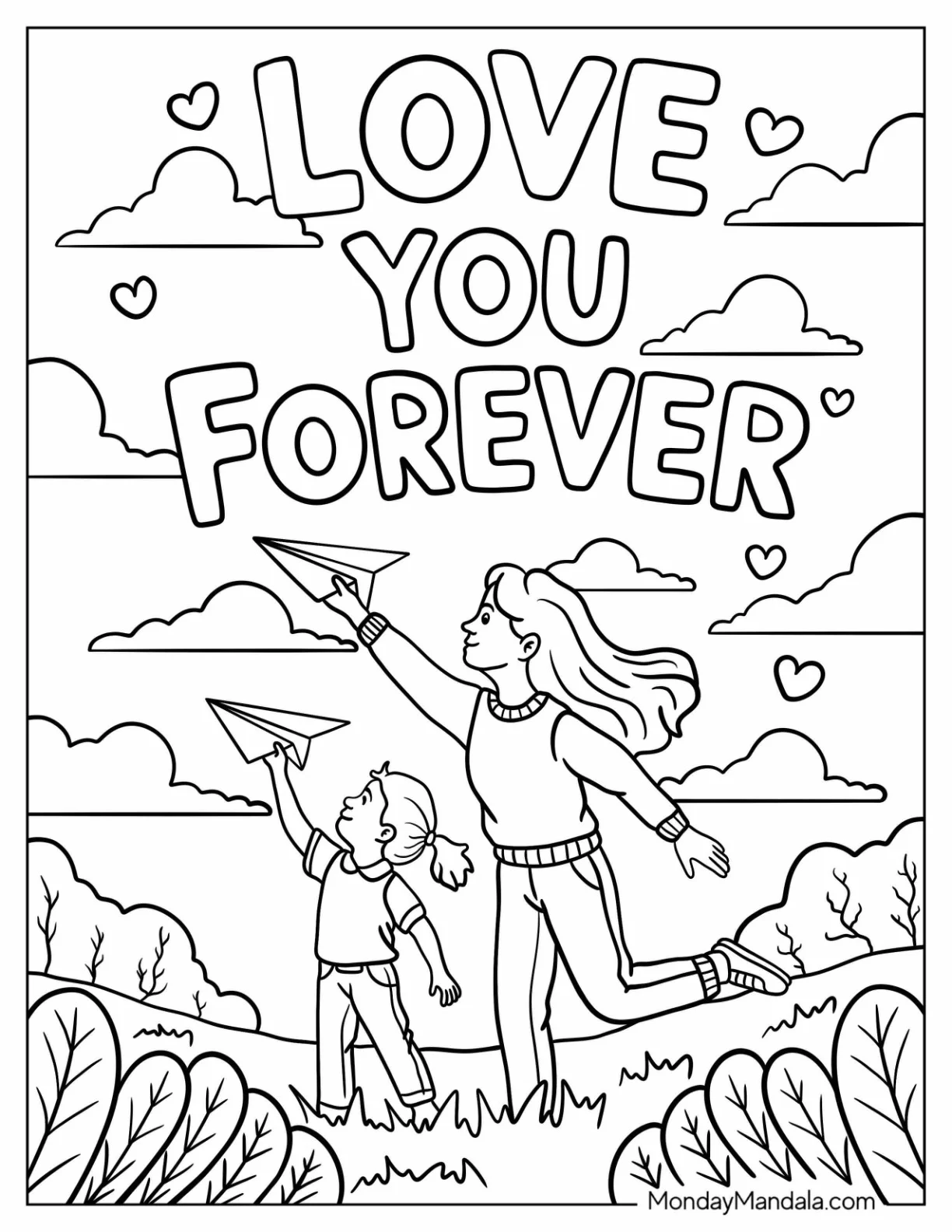Love You Forever Words With Mother And Son Flying Paper Airplanes Mother's Day Coloring Page coloring page — printable line art