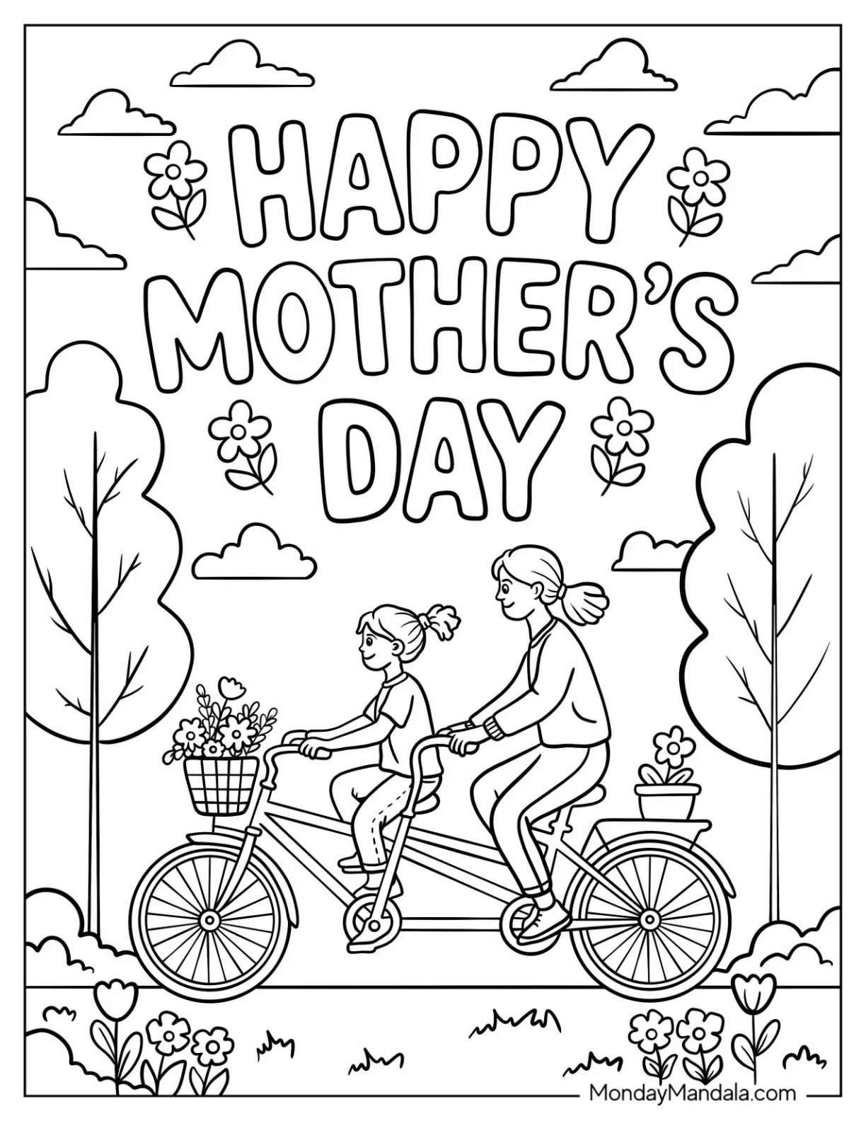 Mom and Daughter Biking Together Mother s Day Coloring Page coloring page
